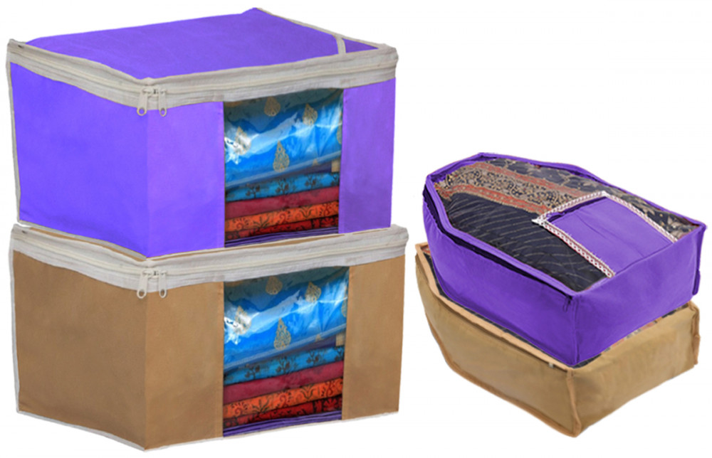 Kuber Industries Non Woven Saree Cover/Cloth Wardrobe Organizer and Blouse Cover Combo Set (Purple &amp; Brown)