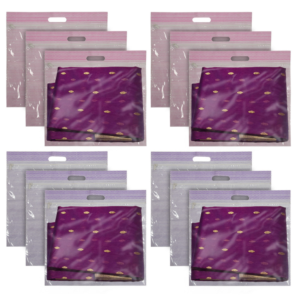 Kuber Industries Non-Woven Single Saree Covers With Transparent Window With Handle Pack of 12 (Purple &amp; Pink)
