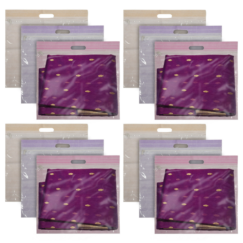 Kuber Industries Non-Woven Single Saree Covers With Transparent Window With Handle Pack of 12 (Purple &amp; Pink &amp; Brown)