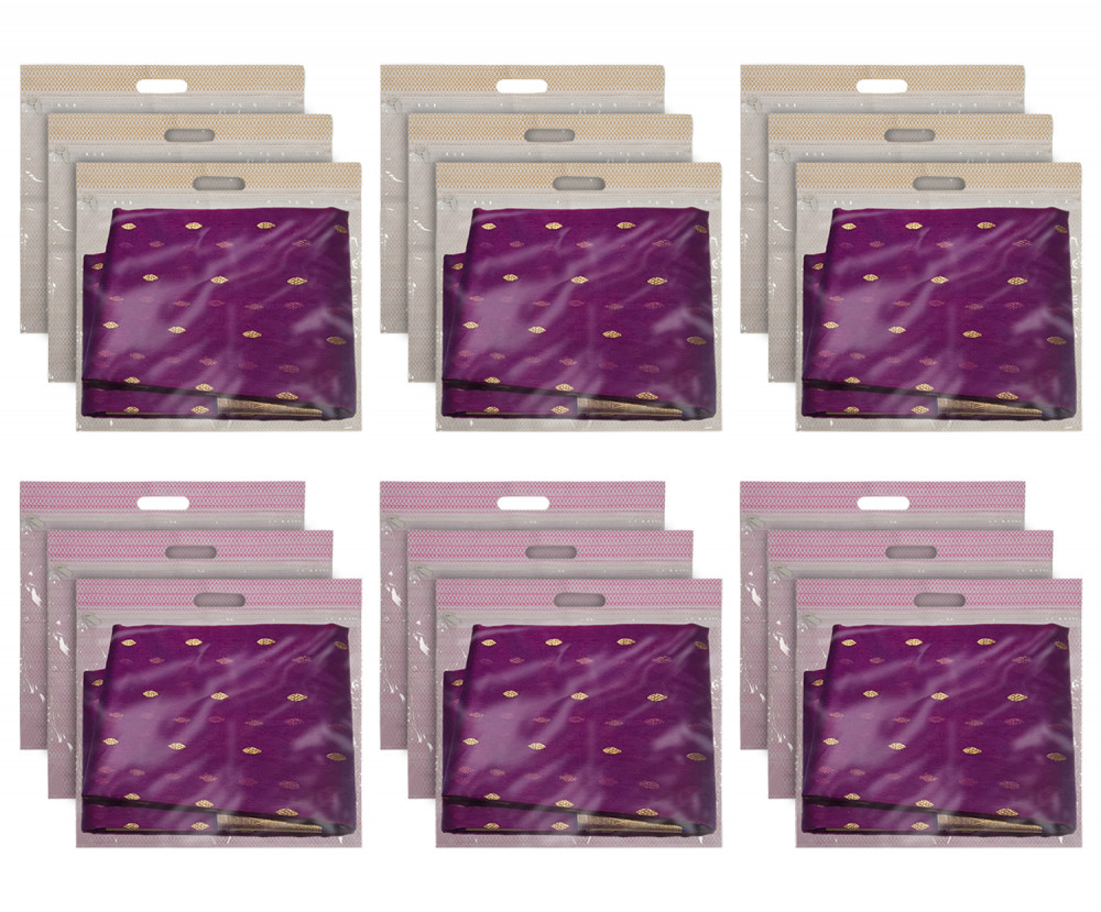 Kuber Industries Non-Woven Single Saree Covers With Transparent Window With Handle Pack of 18 (Pink &amp; Brown)