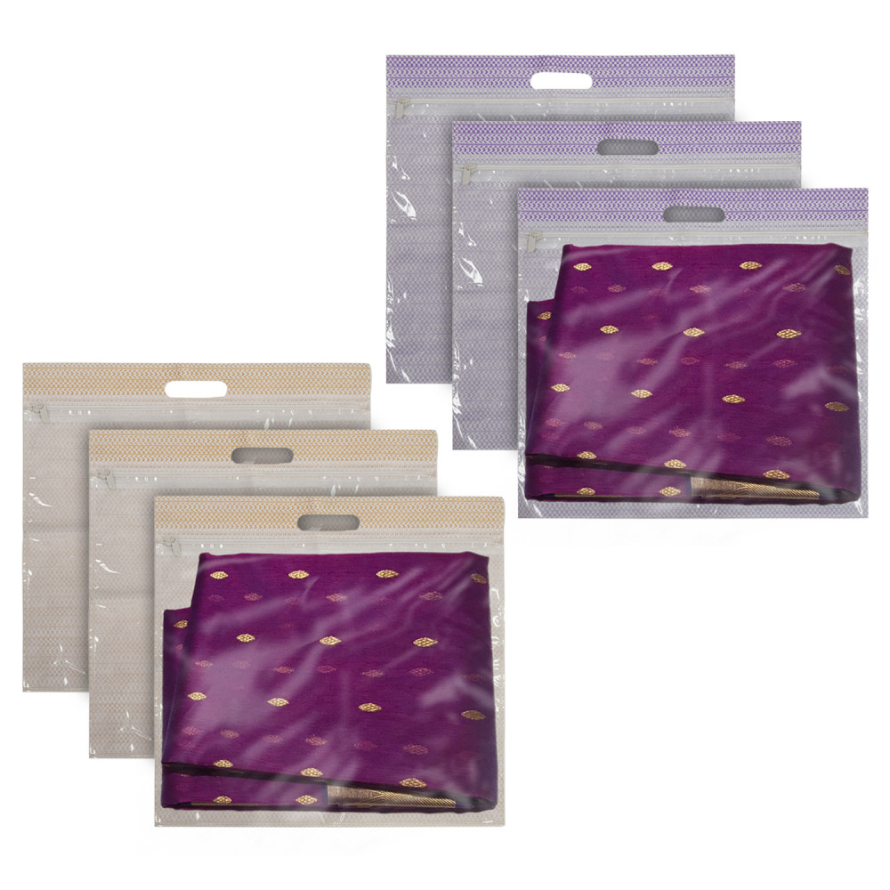 Kuber Industries Non-Woven Single Saree Covers With Transparent Window With Handle Pack of 6 (Purple &amp; Brown)