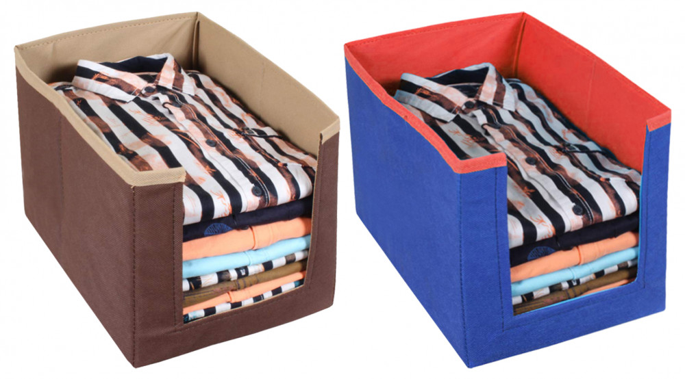 Kuber Industries Non Woven Wardrobe Cloths Organizer-Shirt Stacker Storage Box (Brown &amp; Blue)