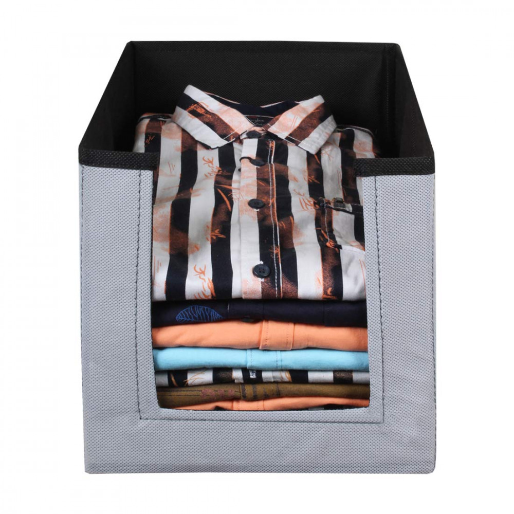 Kuber Industries Non Woven Wardrobe Cloths Organizer-Shirt Stacker Storage Box (Grey &amp; Black)