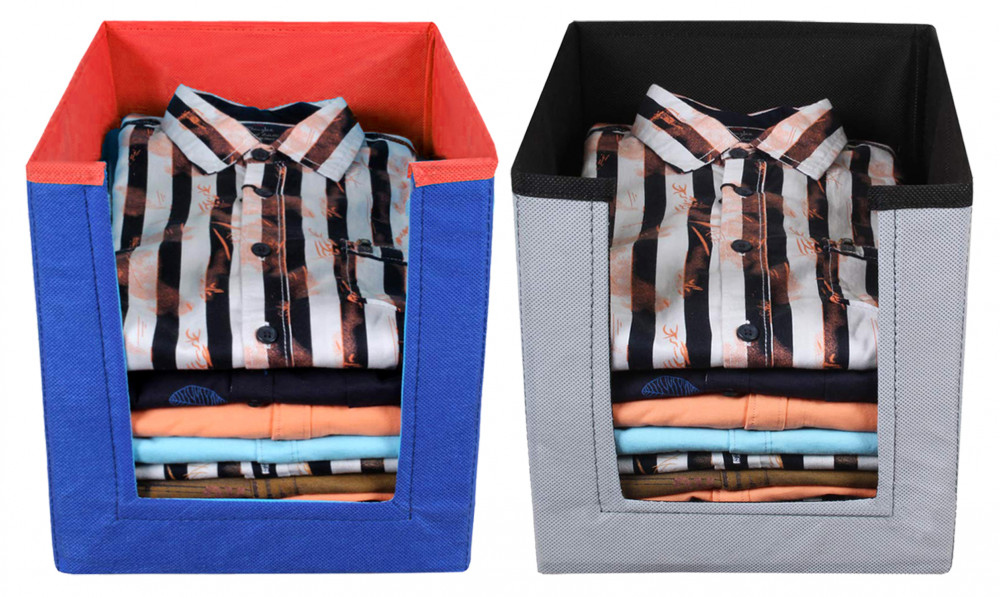 Kuber Industries Non Woven Wardrobe Cloths Organizer-Shirt Stacker Storage Box (Grey &amp; Blue)