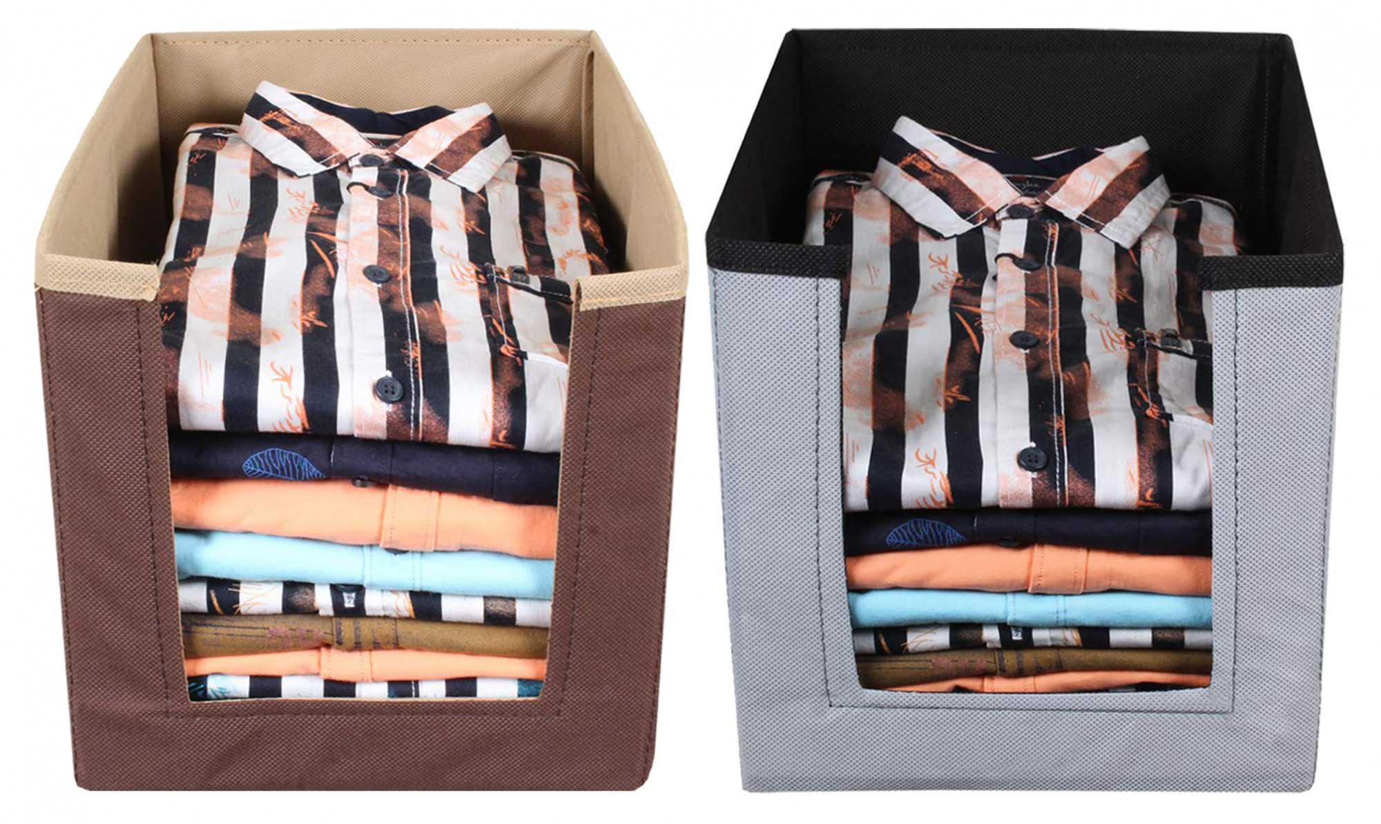 Kuber Industries Non Woven Wardrobe Cloths Organizer-Shirt Stacker Storage Box (Grey & Brown)