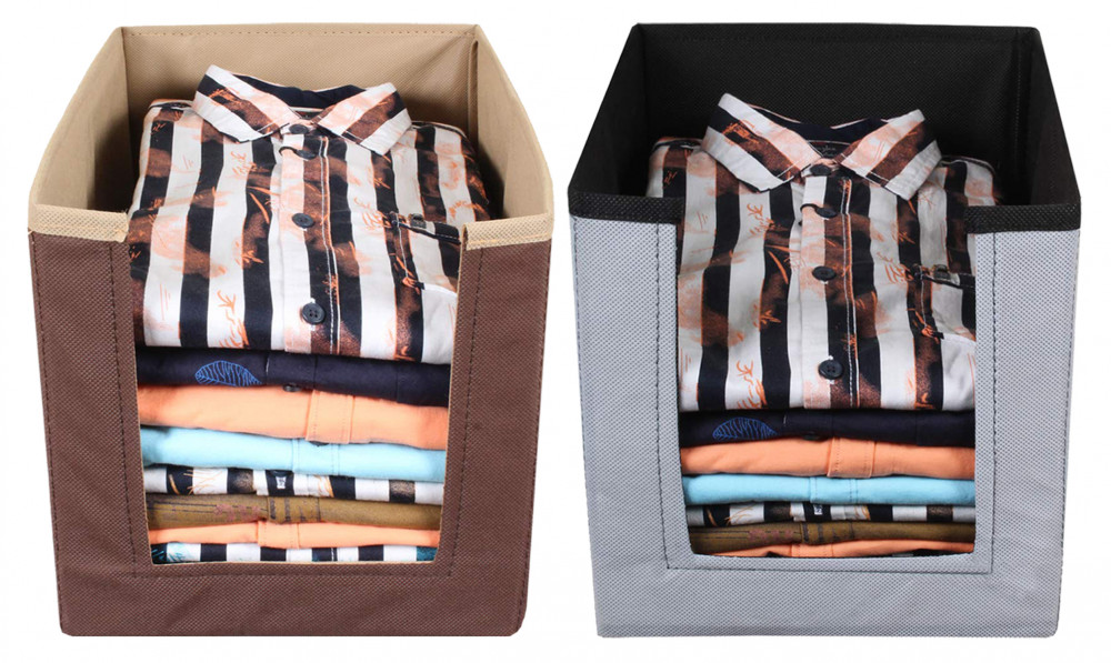 Kuber Industries Non Woven Wardrobe Cloths Organizer-Shirt Stacker Storage Box (Grey &amp; Brown)