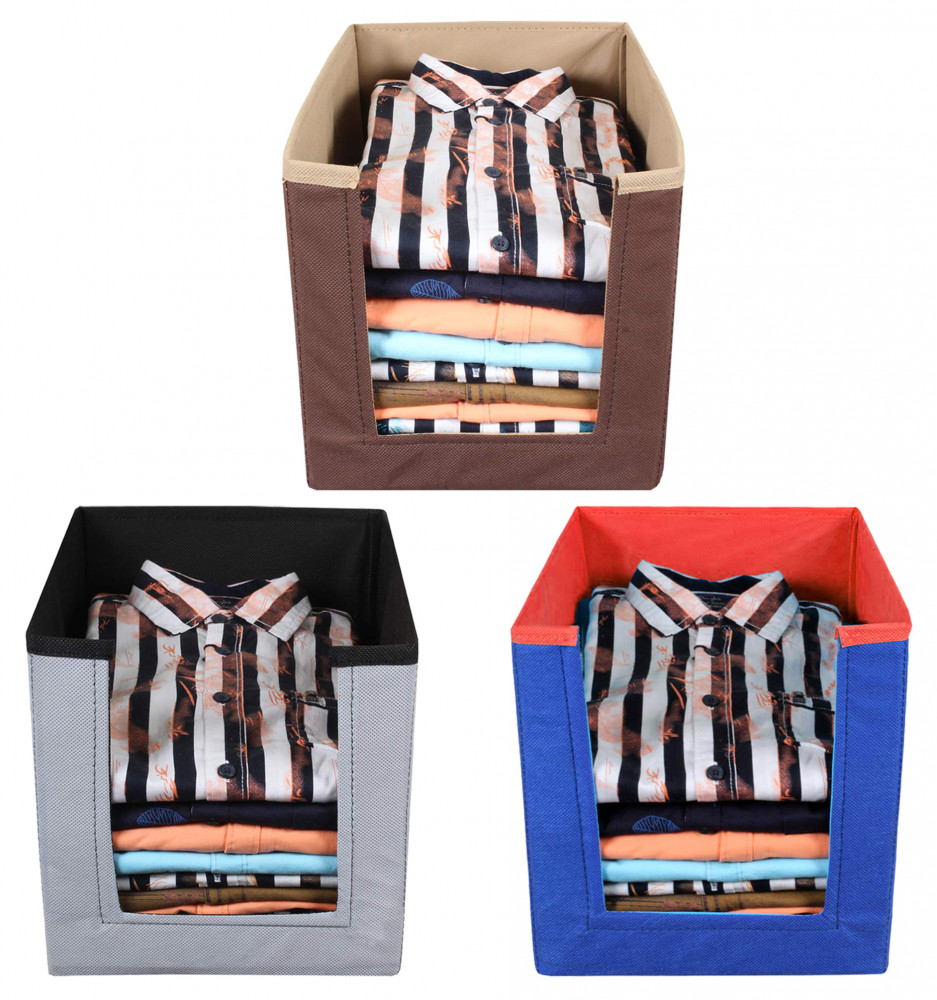 Kuber Industries Non Woven Wardrobe Cloths Organizer-Shirt Stacker Storage Box (Grey &amp; Brown &amp; Blue)