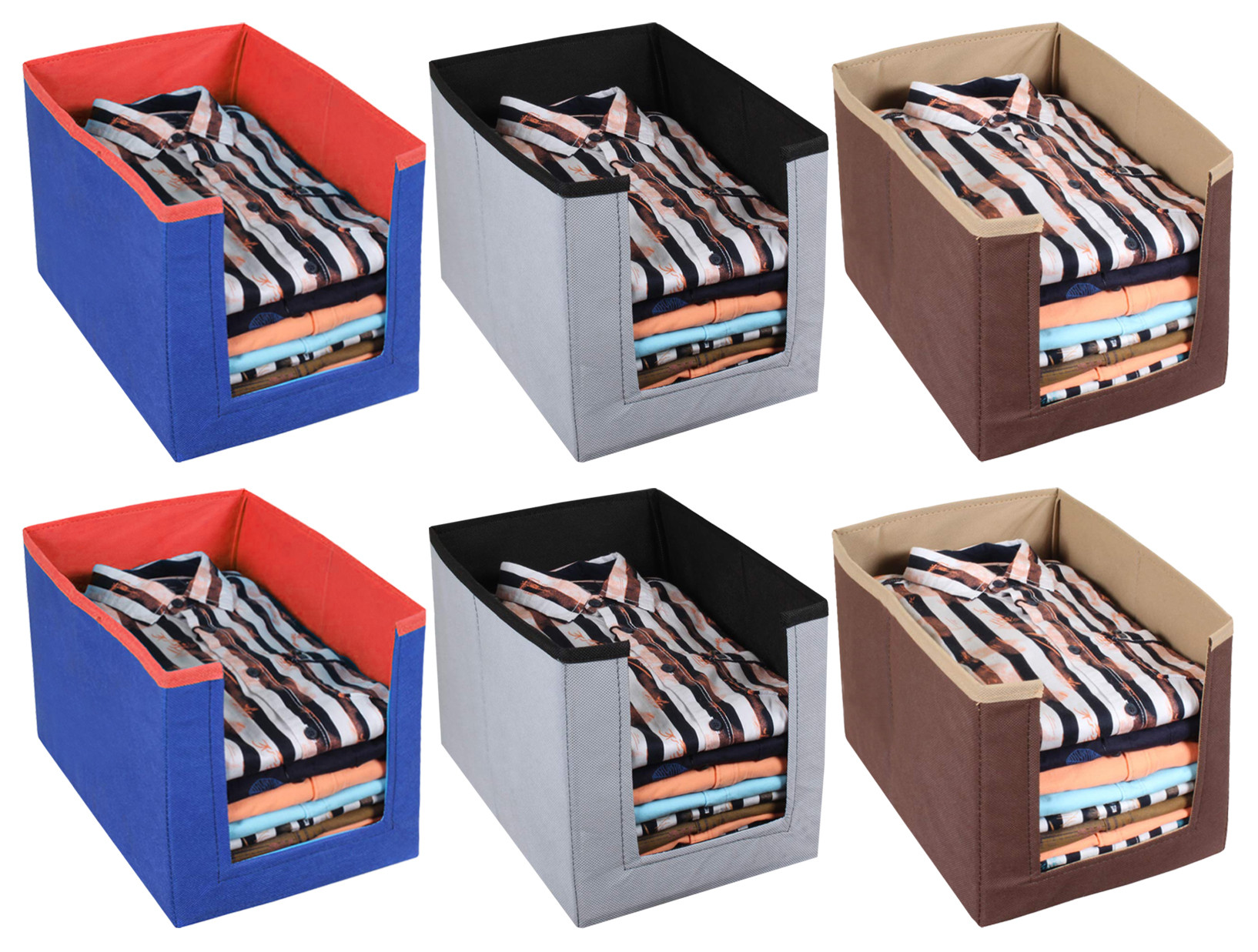 Kuber Industries Non Woven Wardrobe Cloths Organizer-Shirt Stacker Storage Box (Grey & Brown & Blue)