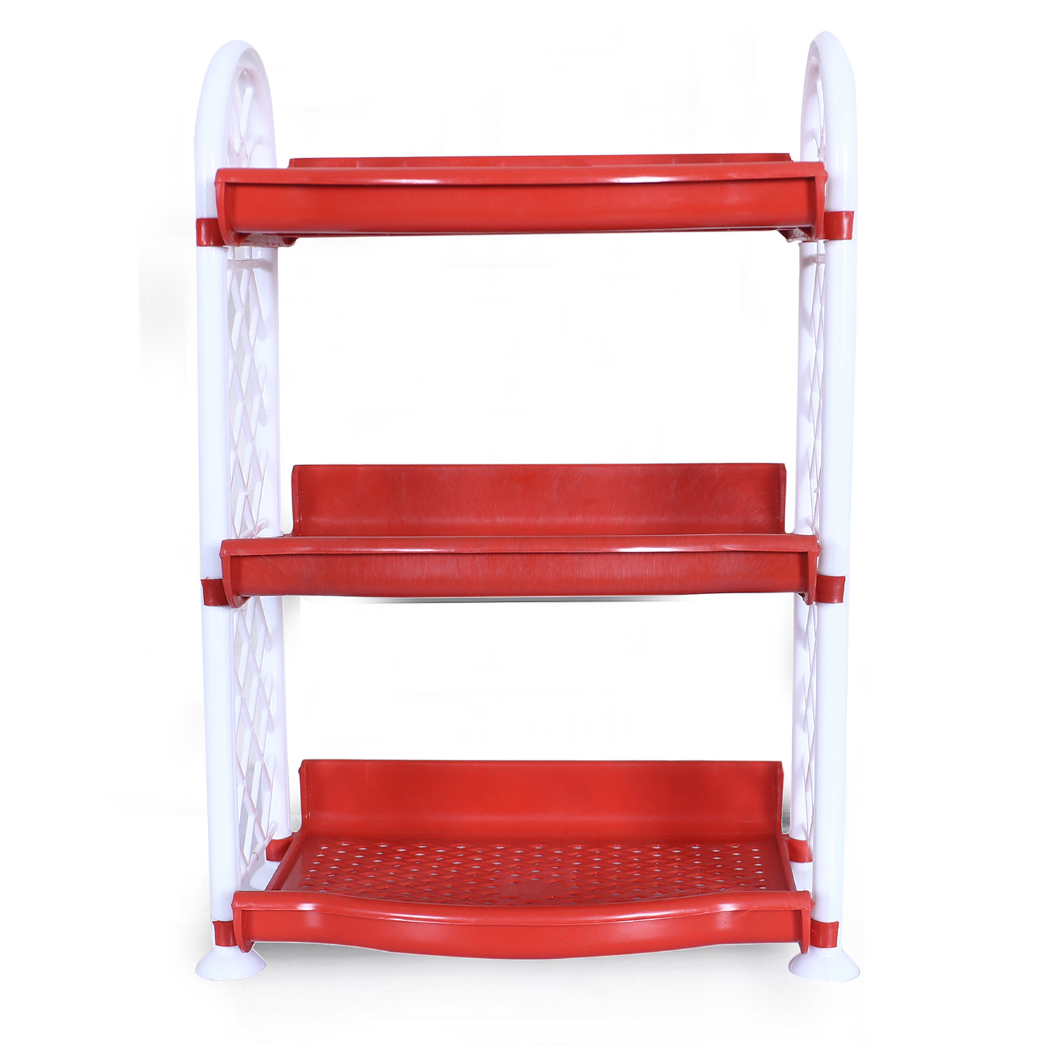 Kuber Industries Organising Rack|Unbreakable Plastic 3 Shelves Kitchen Storage Stand|Durable Wall Mounted Jar Kitchen Utensils Organizer,Pack of 2 (Red & Gray)