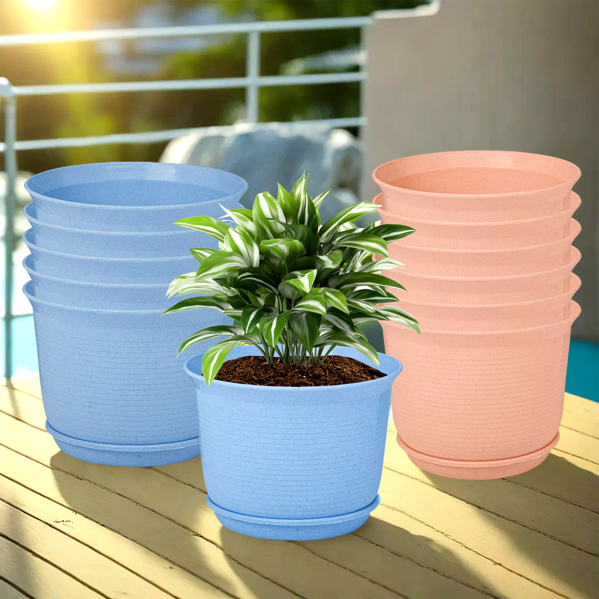 Kuber Industries Pack of 12 Flower Pot with Bottom Tray | Flower Pot for Living Room | Planters for Home-Lawns & Gardening | Flower Planter for Balcony | Marble Sawera | 10 Inch | Blue & Peach
