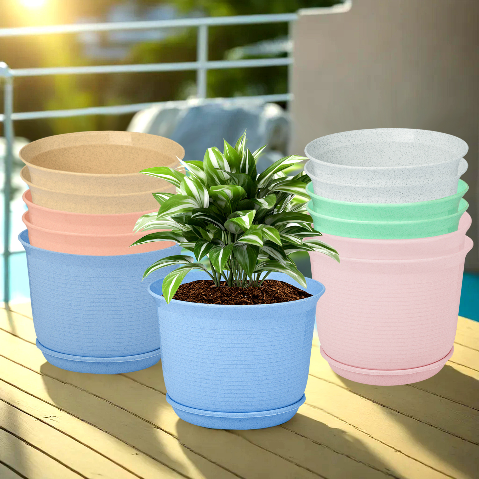 Kuber Industries Pack of 12 Flower Pot with Bottom Tray | Flower Pot for Living Room | Planters for Home-Lawns & Gardening | Flower Planter for Balcony | Marble Sawera | 10 Inch | Multicolor