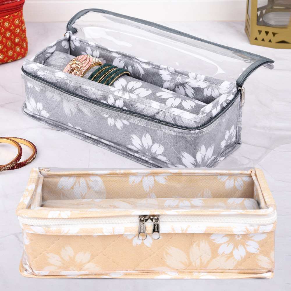Kuber Industries Pack of 2 Bangle Box | Single Rod Chudi Organizer with Visible Window | Travelling Organizer | Waterproof Watch Organizer for Woman | Flower Quilted | Gray &amp; Golden