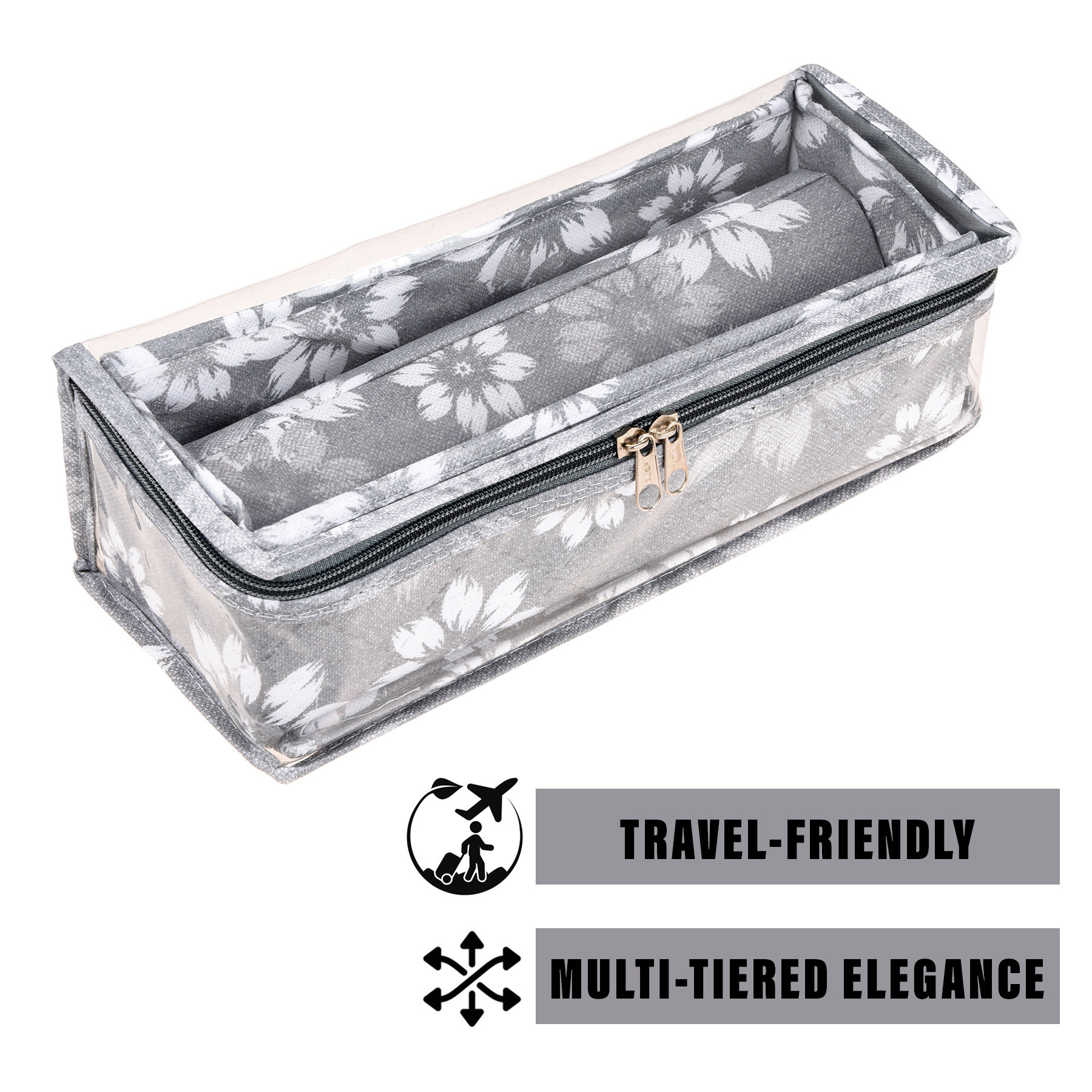 Kuber Industries Pack of 2 Bangle Box | Single Rod Chudi Organizer with Visible Window | Travelling Organizer | Waterproof Watch Organizer for Woman | Flower Quilted | Gray & Golden