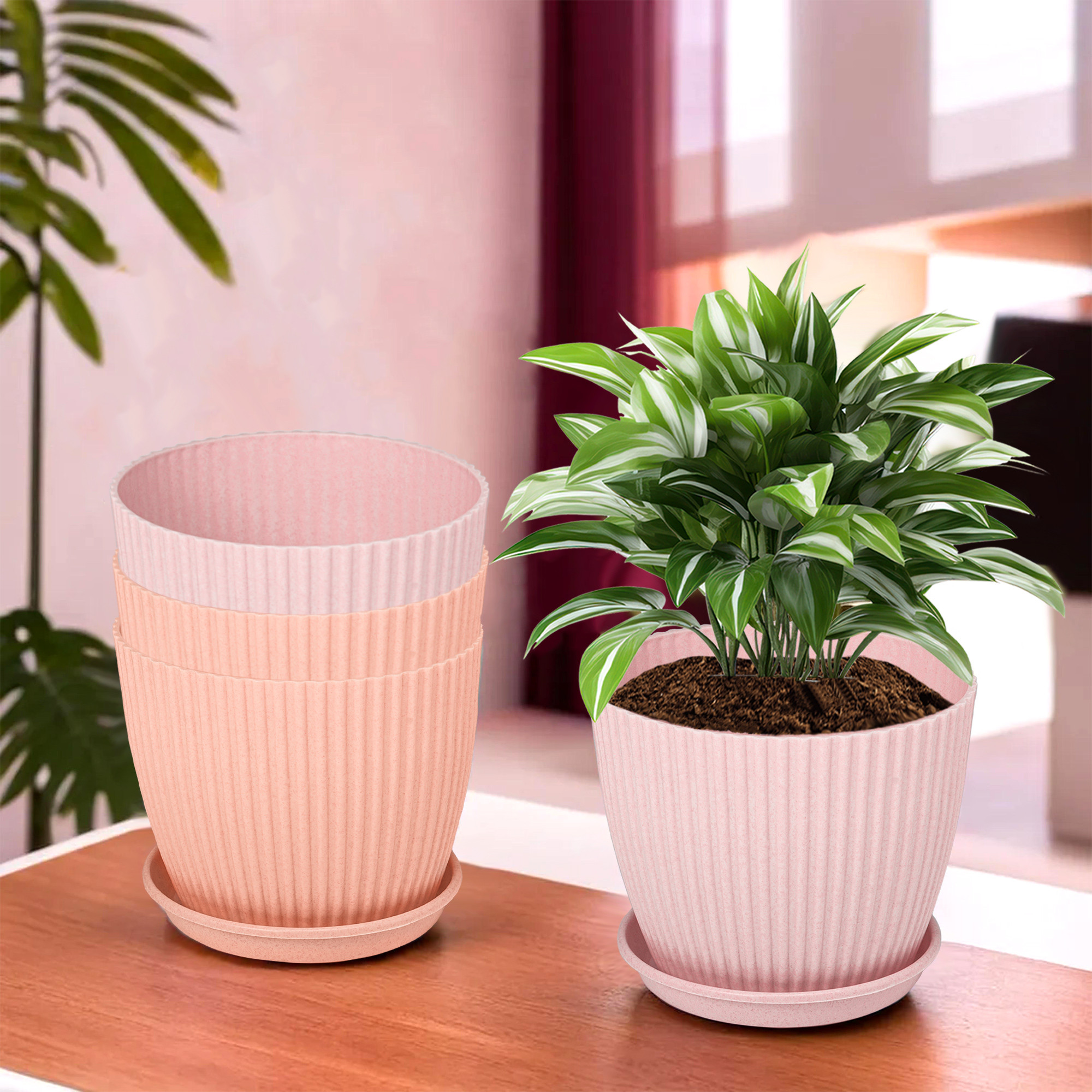 Kuber Industries Pack of 2 Flower Pot with Bottom Tray | Flower Container for Living Room | Planters for Home-Lawns & Gardening | Flower Planter for Balcony | Marble Mega | 9 Inch | Pink & Peach