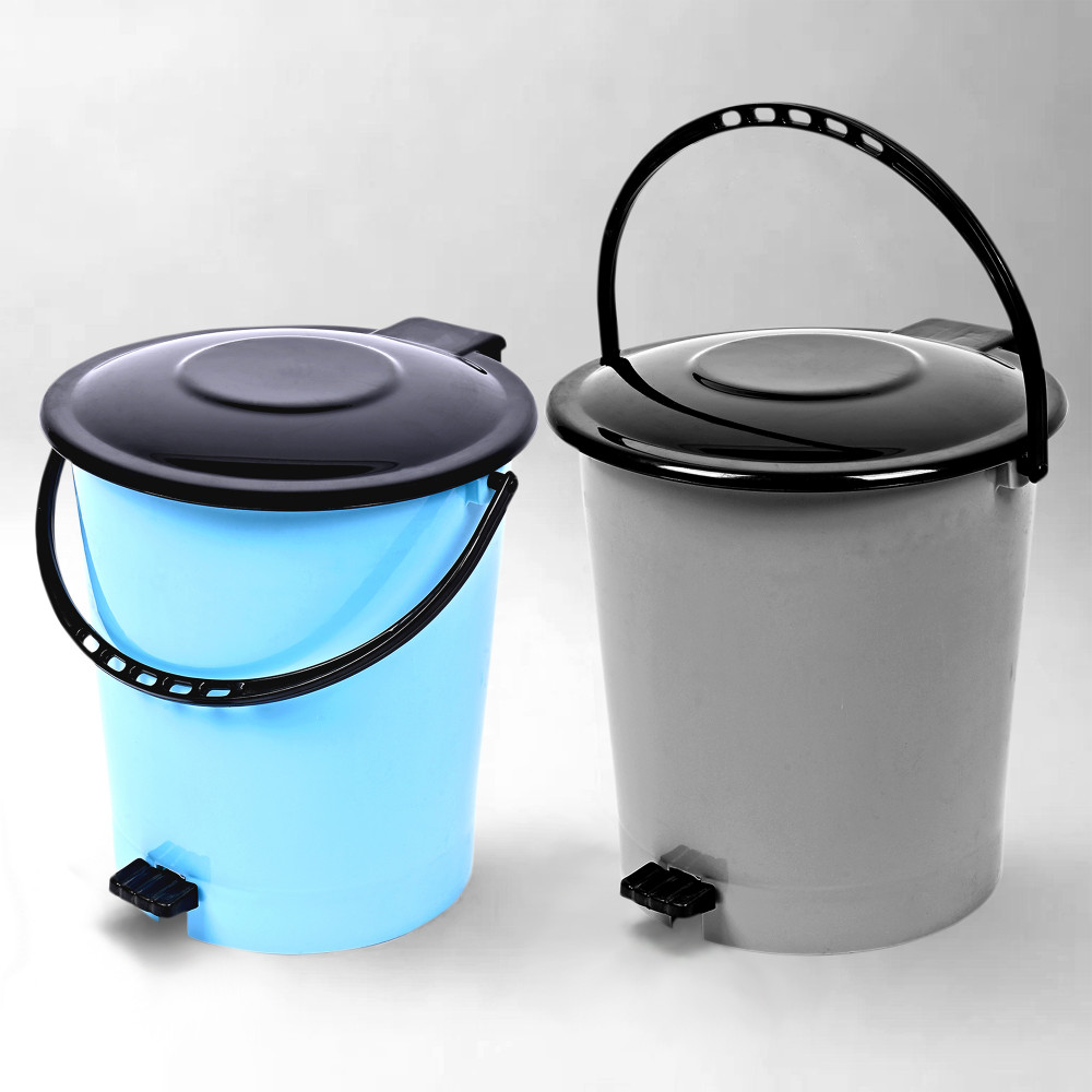 Kuber Industries Pack of 2 Pedal Dustbin | Dustbin with Lid | Garbage Bin | Dustbin for Kitchen-Bathroom | Wet &amp; Dry Waste Bin | Black Dhakkan Trash Can | 10 LTR | Blue &amp; Gray