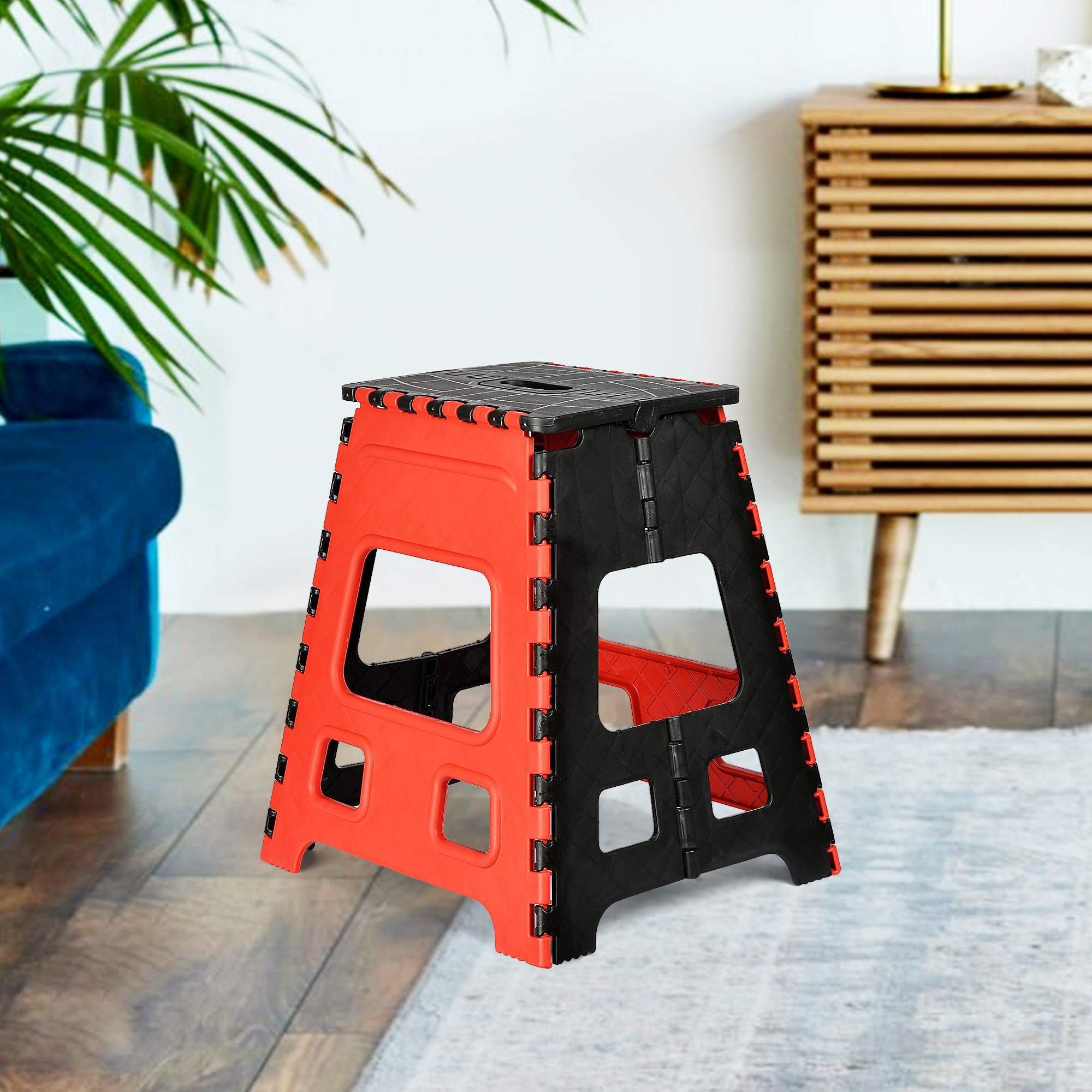 Kuber Industries Pack of 2 Stool | Portable & Foldable Stool | Collapsible Camping Chair | Stool for Outdoor-Fishing-Hiking-Garden-Travel | Multipurpose Sitting Stool | Large-Small | Red & Black