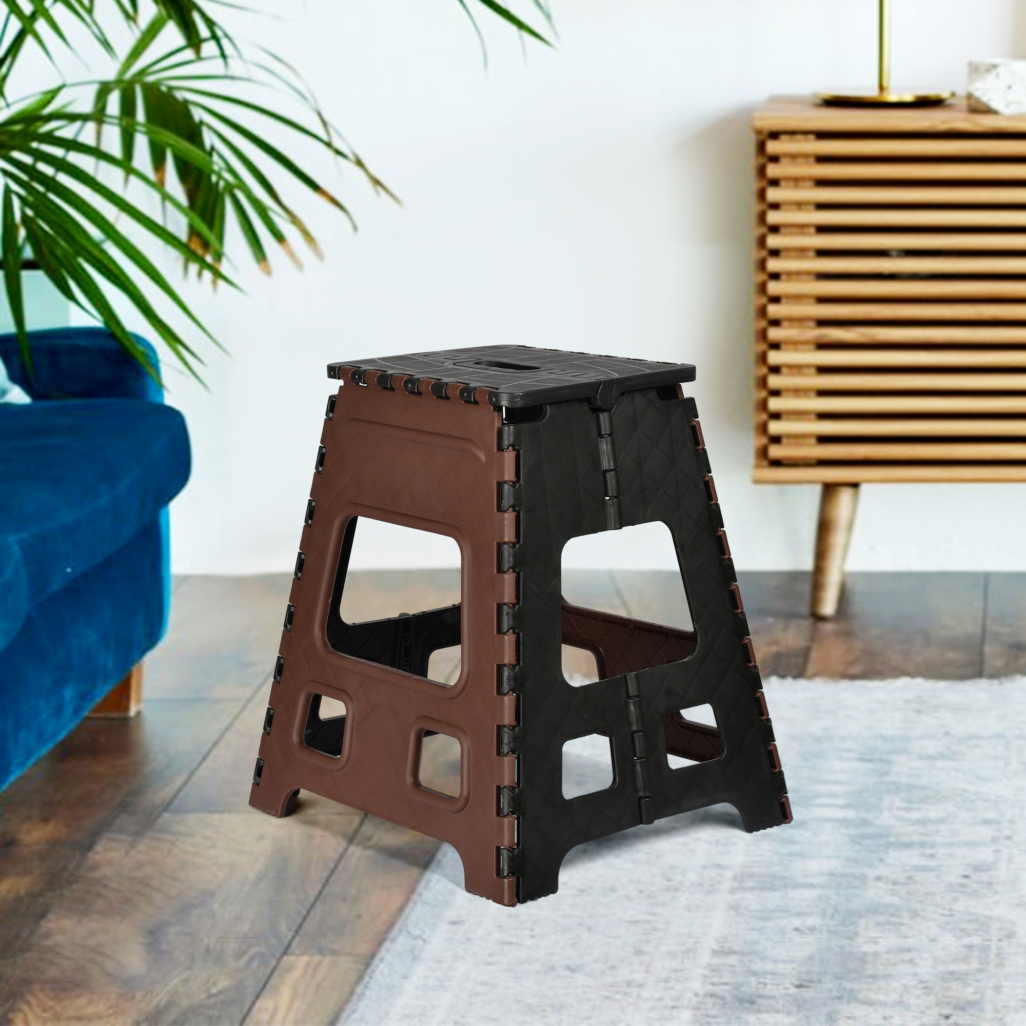 Kuber Industries Pack of 2 Stool | Portable & Foldable Stool | Collapsible Camping Chair | Stool for Outdoor-Fishing-Hiking-Garden-Travel | Multipurpose Sitting Stool | Large-Small | Brown & Black