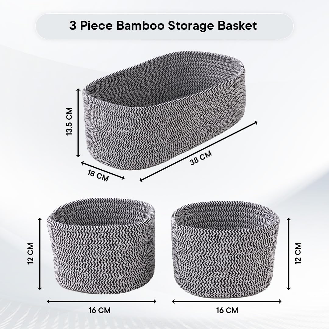 Kuber Industries Pack of 3 Cotton Woven Storage Basket With Handle|Shelf Basket Hamper|Organizer for Toys, Socks, Cosmetic|Capacity 9.2L, 3L,3L|Grey|