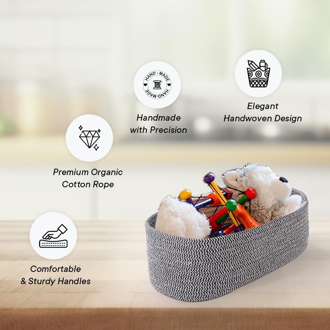 Kuber Industries Pack of 3 Cotton Woven Storage Basket With Handle|Shelf Basket Hamper|Organizer for Toys, Socks, Cosmetic|Capacity 9.2L, 3L,3L|Grey|