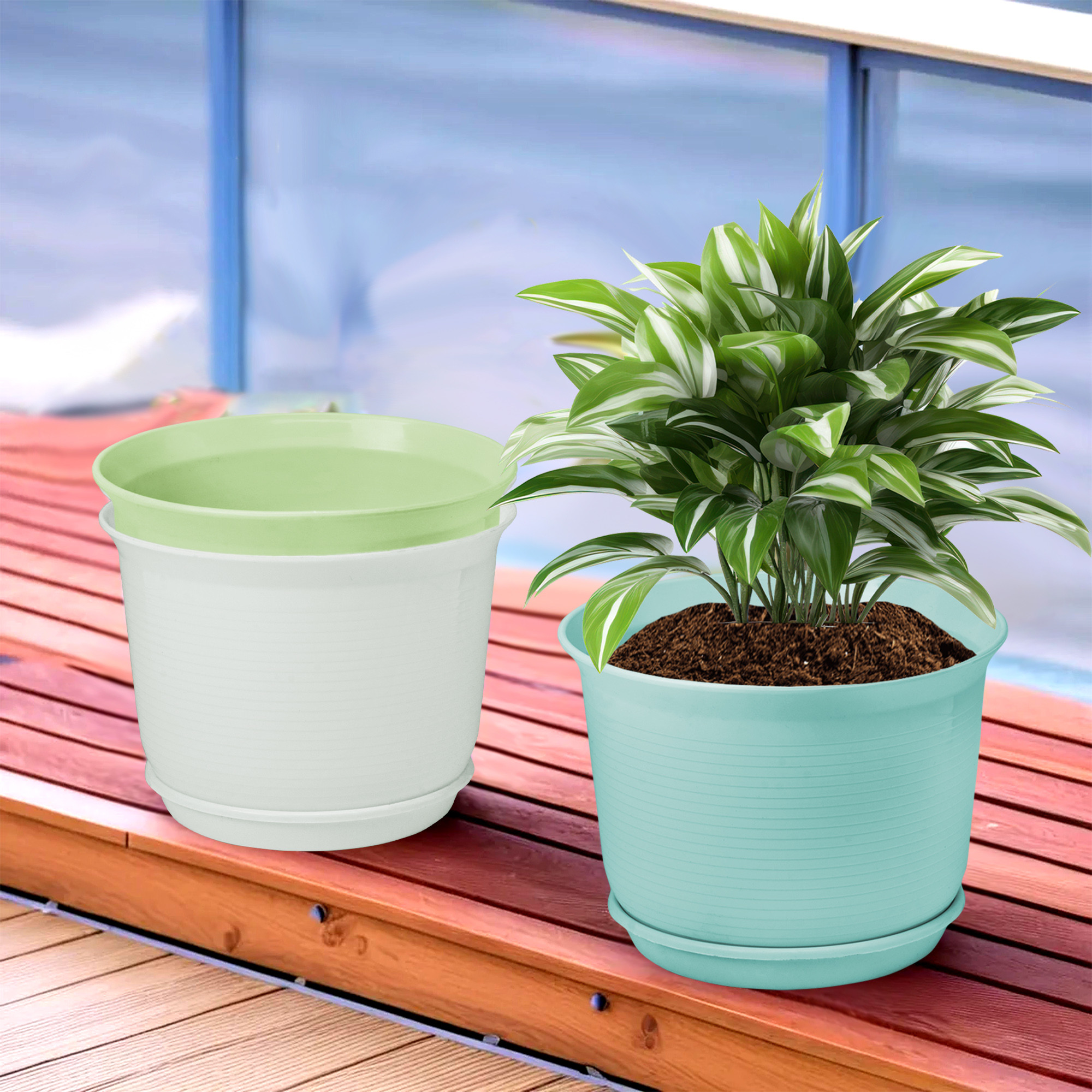 Kuber Industries Pack of 3 Flower Pot with Bottom Tray | Flower Planter Pots | Planters for Home-Lawns & Garden | Flower Planter for Balcony | Plain Sawera | 10 Inch | Blue-White & Green