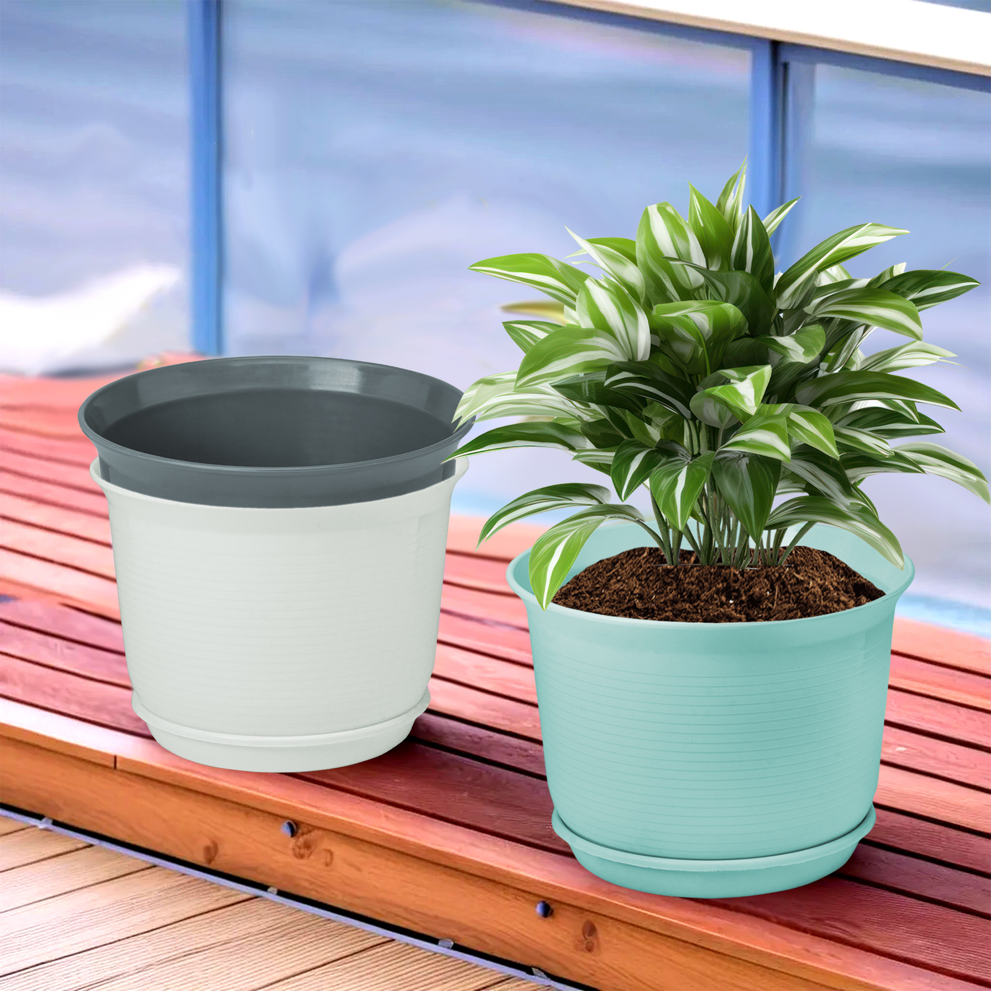 Kuber Industries Pack of 3 Flower Pot with Bottom Tray | Flower Planter Pots | Planters for Home-Lawns & Garden | Flower Planter for Balcony | Plain Sawera | 10 Inch | Blue-White & Gray