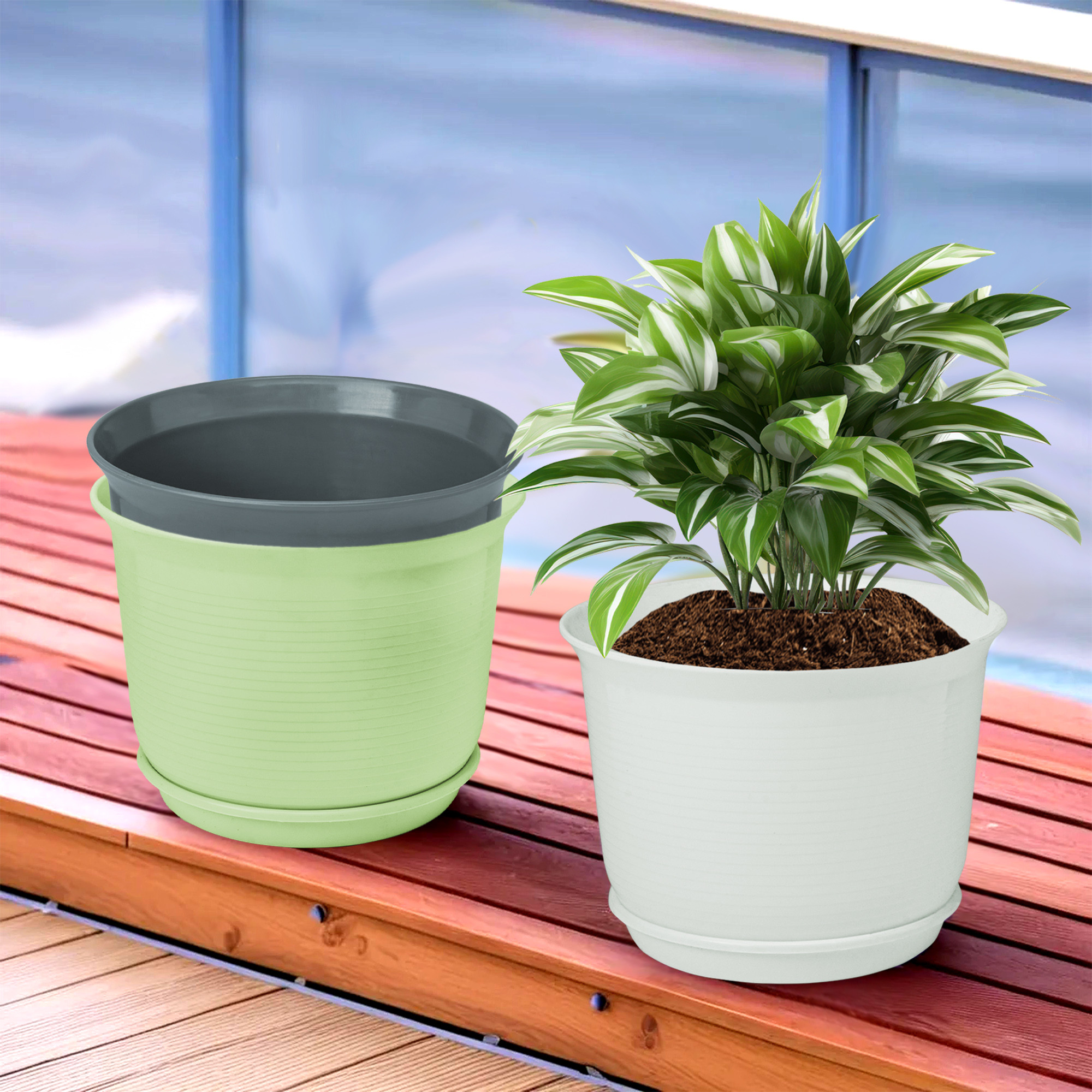 Kuber Industries Pack of 3 Flower Pot with Bottom Tray | Flower Planter Pots | Planters for Home-Lawns & Garden | Flower Planter for Balcony | Plain Sawera | 10 Inch | White-Green & Gray