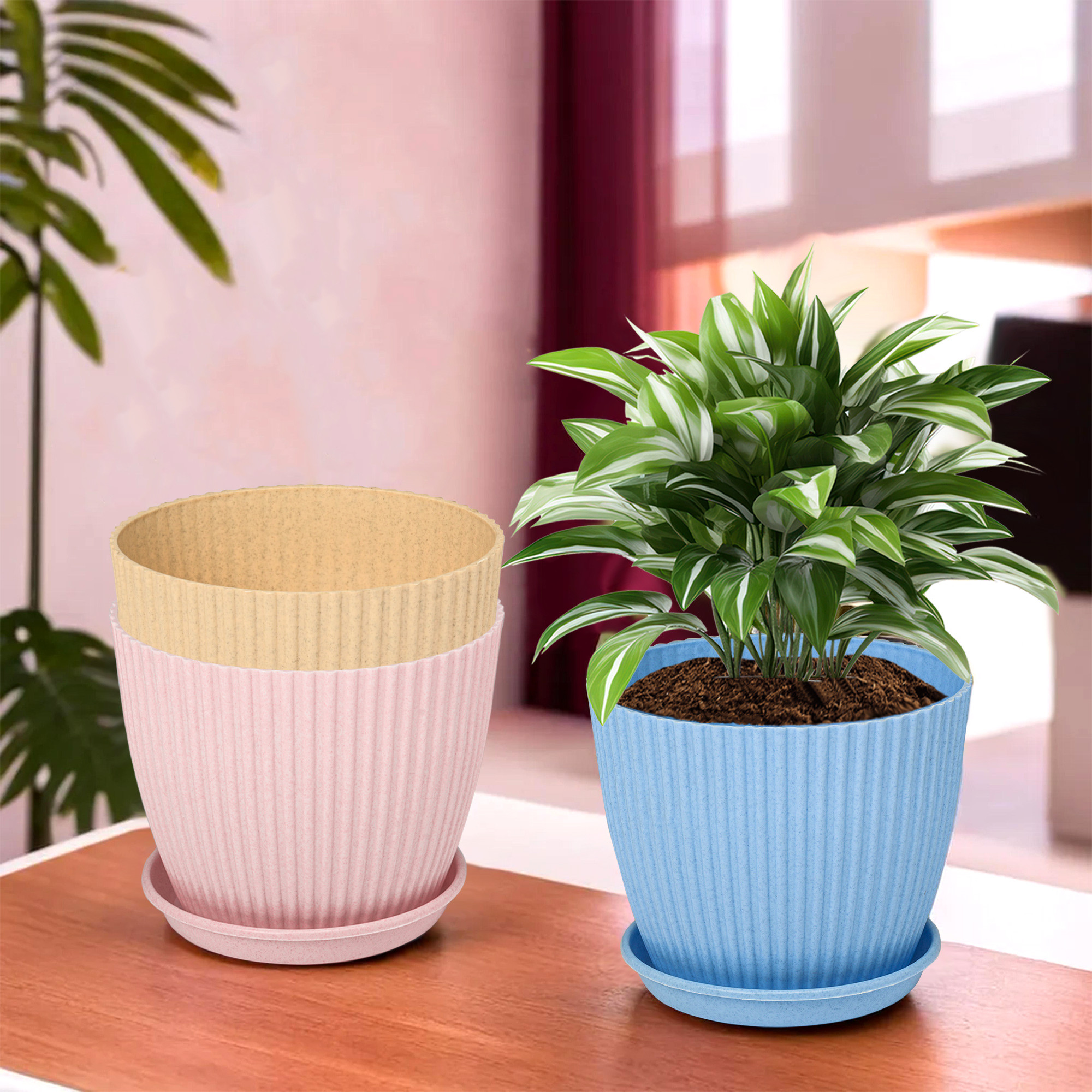 Kuber Industries Pack of 3 Flower Pot with Bottom Tray | Flower Planter Pots | Planters for Home-Lawns & Garden | Flower Planter for Balcony | Marble Mega | 9 Inch | Blue-Pink & Beige