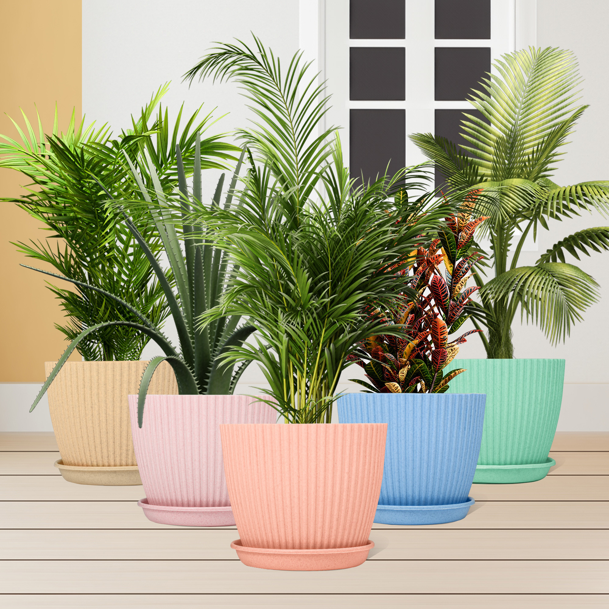 Kuber Industries Pack of 3 Flower Pot with Bottom Tray | Flower Planter Pots | Planters for Home-Lawns & Garden | Flower Planter for Balcony | Marble Mega | 9 Inch | Blue-Pink & Peach