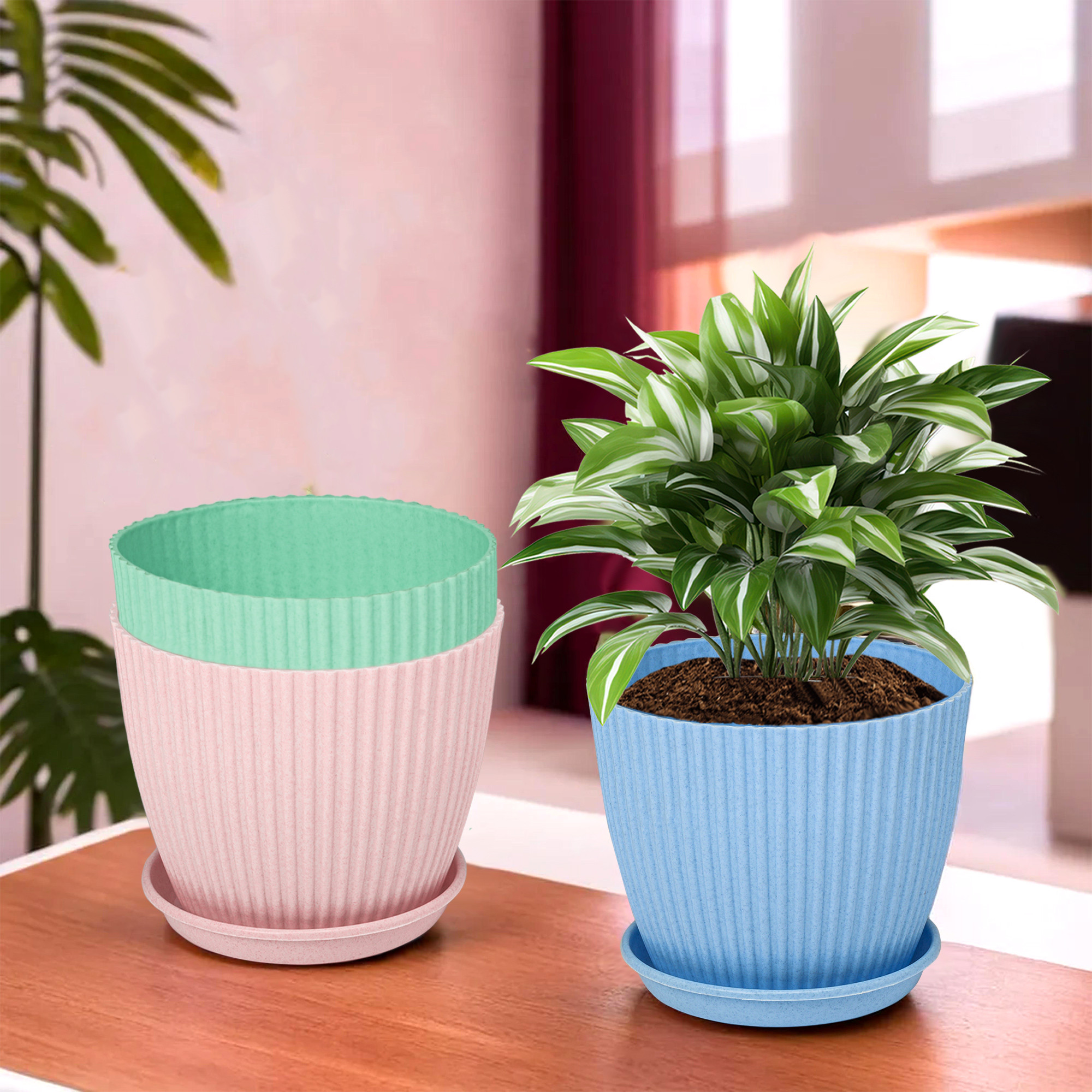 Kuber Industries Pack of 3 Flower Pot with Bottom Tray | Flower Planter Pots | Planters for Home-Lawns & Garden | Flower Planter for Balcony | Marble Mega | 9 Inch | Blue-Pink & Mint Green