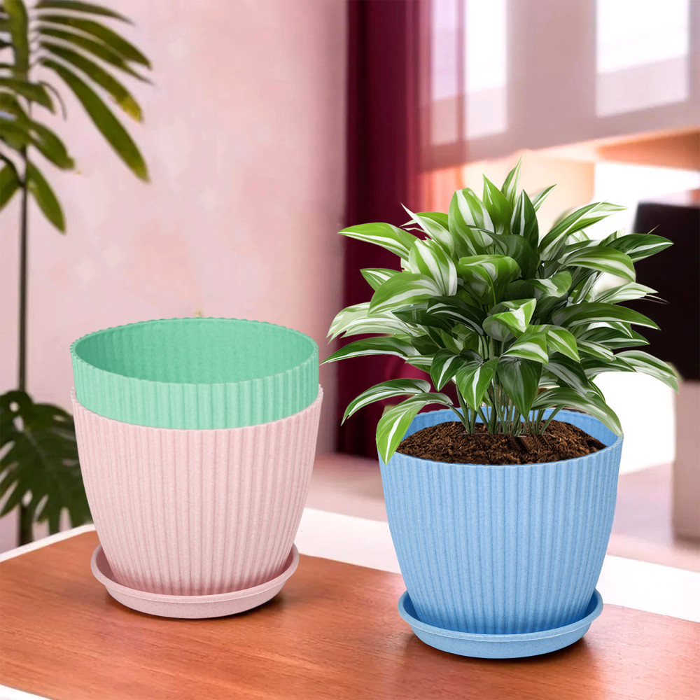 Kuber Industries Pack of 3 Flower Pot with Bottom Tray | Flower Planter Pots | Planters for Home-Lawns &amp; Garden | Flower Planter for Balcony | Marble Mega | 9 Inch | Blue-Pink &amp; Mint Green