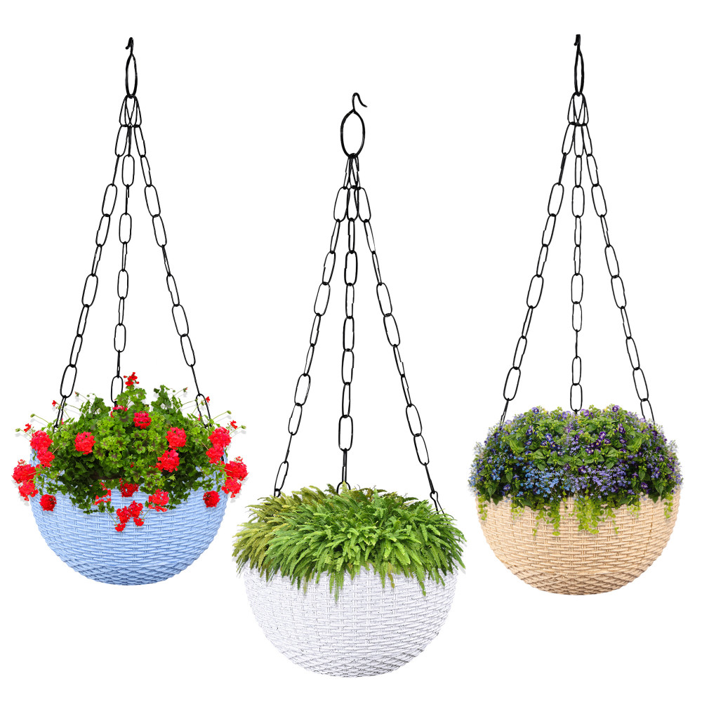 Kuber Industries Pack of 3 Hanging Flower Pot  | Hanging Flower Pot for Living Room | Hanging Pot for Home &amp; Garden | Flower Planter for Balcony | Marble Euro | 7 Inch | Blue-White &amp; Beige