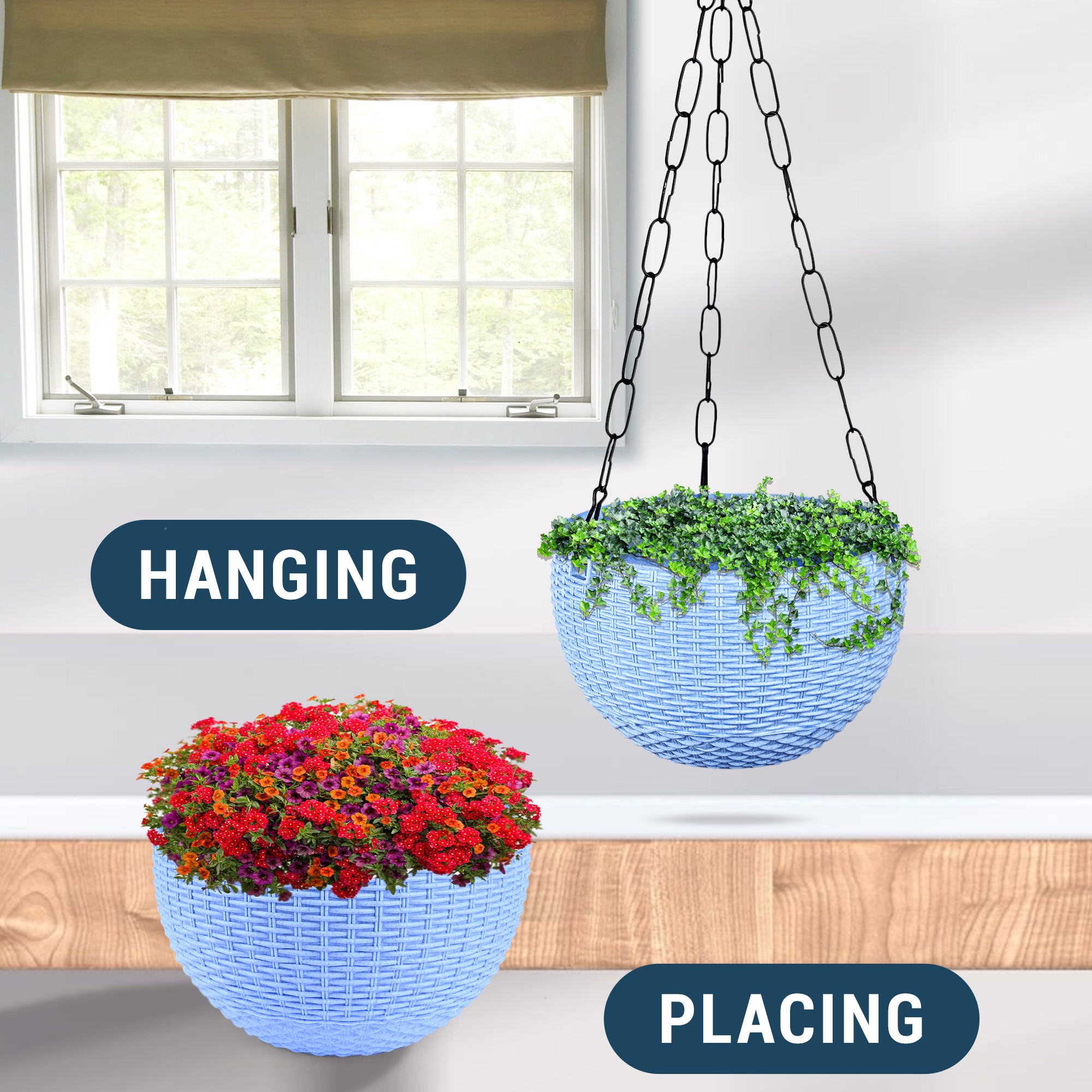 Kuber Industries Pack of 3 Hanging Flower Pot  | Hanging Flower Pot for Living Room | Hanging Pot for Home & Garden | Flower Planter for Balcony | Marble Euro | 7 Inch | Blue-White & Beige