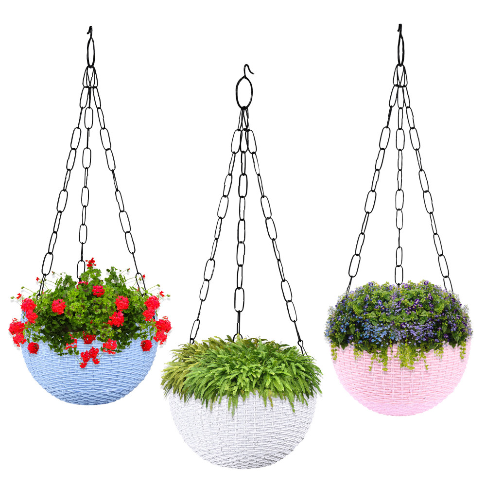 Kuber Industries Pack of 3 Hanging Flower Pot  | Hanging Flower Pot for Living Room | Hanging Pot for Home &amp; Garden | Flower Planter for Balcony | Marble Euro | 7 Inch | Blue-White &amp; Pink