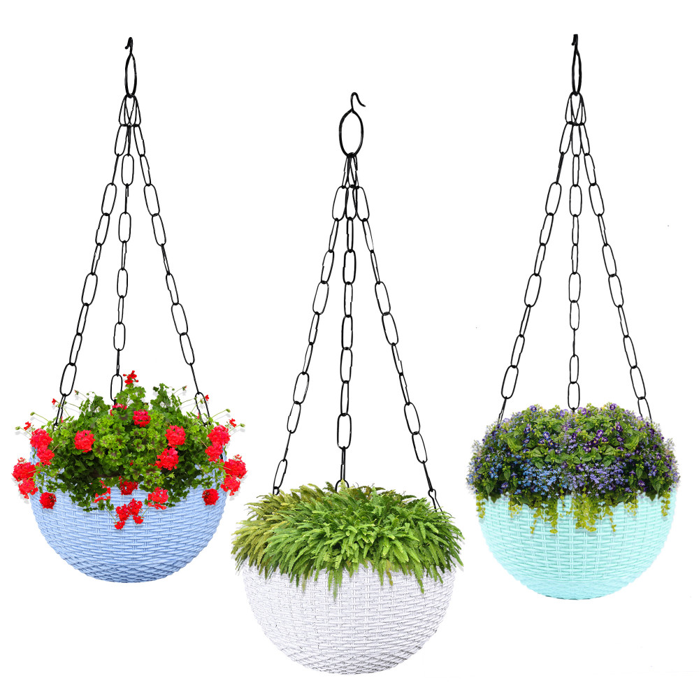 Kuber Industries Pack of 3 Hanging Flower Pot  | Hanging Flower Pot for Living Room | Hanging Pot for Home &amp; Garden | Flower Planter for Balcony | Marble Euro | 7 Inch | Blue-White &amp; Mint Green
