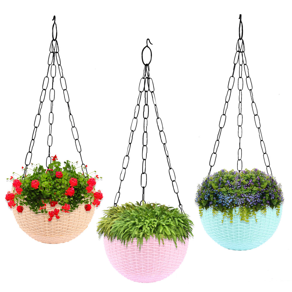 Kuber Industries Pack of 3 Hanging Flower Pot  | Hanging Flower Pot for Living Room | Hanging Pot for Home &amp; Garden | Flower Planter for Balcony | Marble Euro | 7 Inch | Beige-Pink &amp; Mint Green
