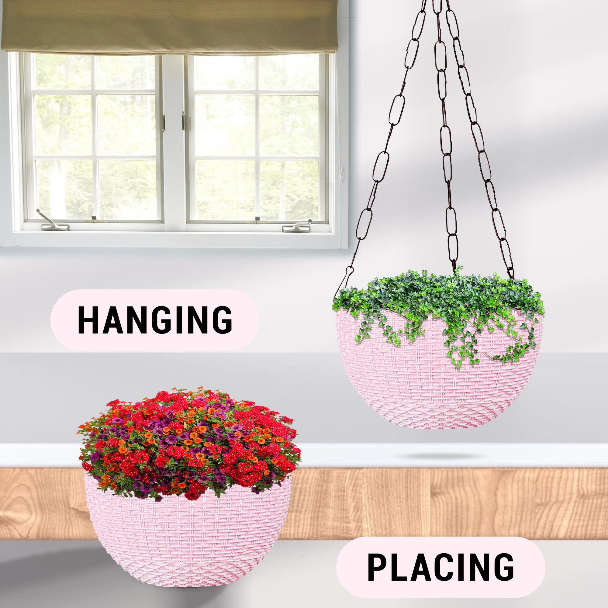 Kuber Industries Pack of 3 Hanging Flower Pot  | Hanging Flower Pot for Living Room | Hanging Pot for Home & Garden | Flower Planter for Balcony | Marble Euro | 7 Inch | Beige-Pink & Mint Green