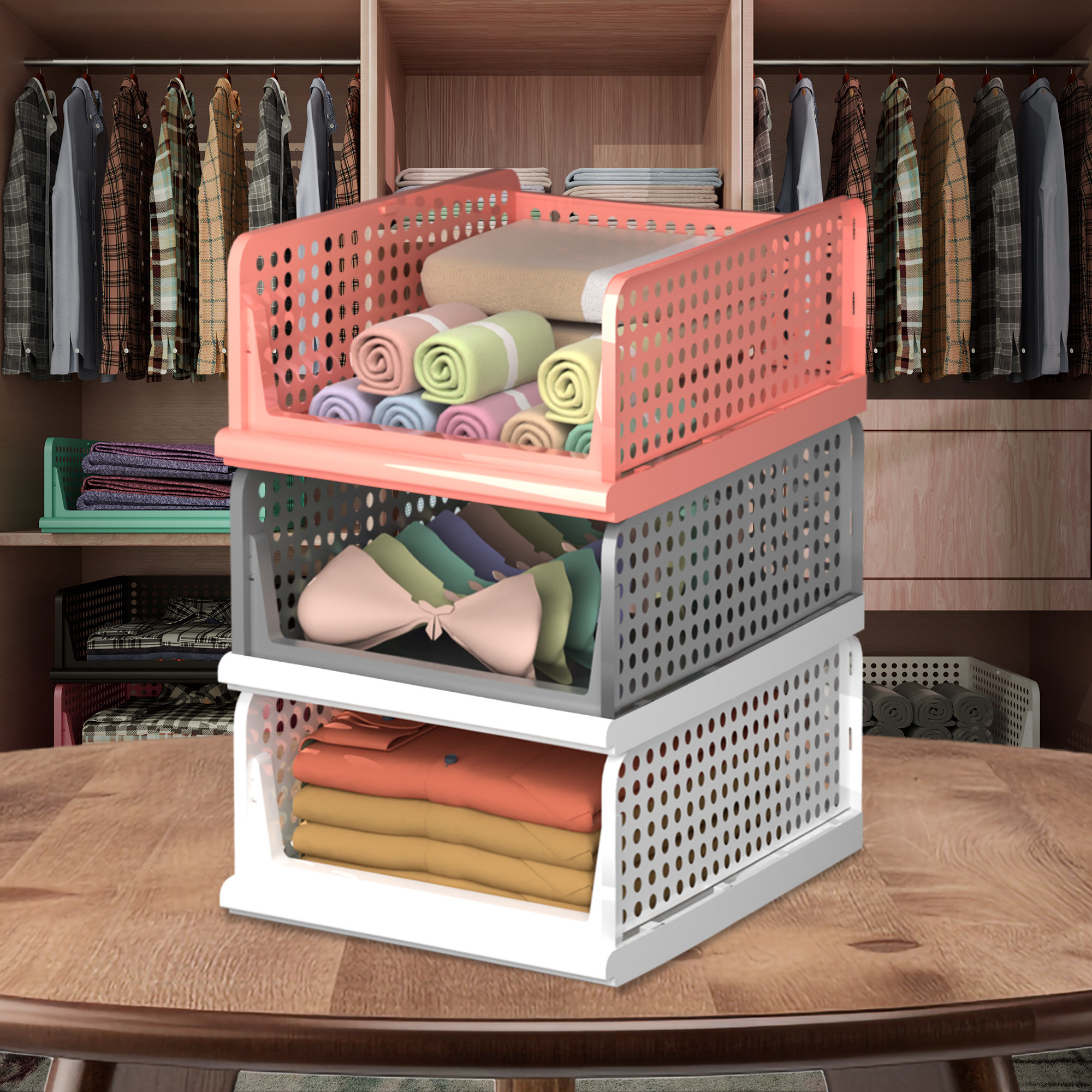 Kuber Industries Pack of 3 Storage Organizer | Wardrobe Organizer | Cloth Organizer | Foldable Shirt Stacker Box for Almirah | Closet Storage Basket | Large | White & Gray & Light Pink
