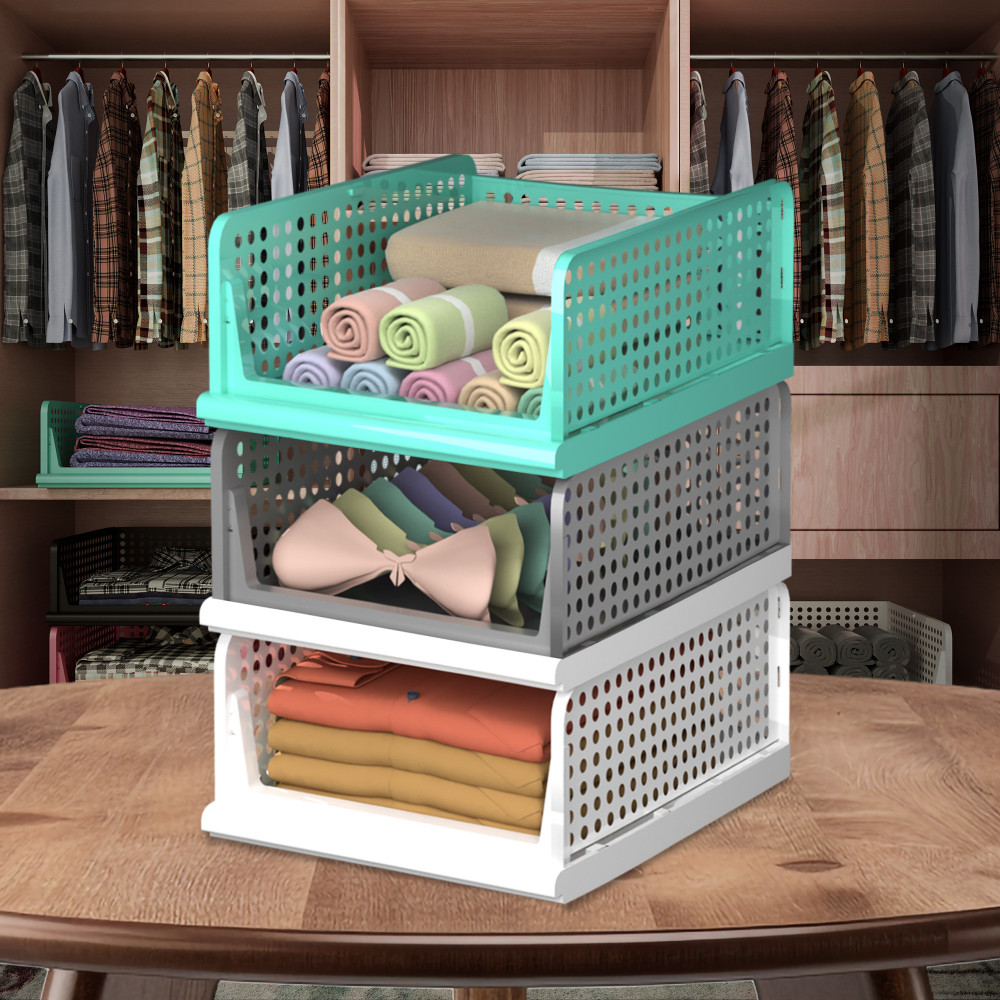 Kuber Industries Pack of 3 Storage Organizer | Wardrobe Organizer | Cloth Organizer | Foldable Shirt Stacker Box for Almirah | Closet Storage Basket | Large | White &amp; Gray &amp; Pista Green