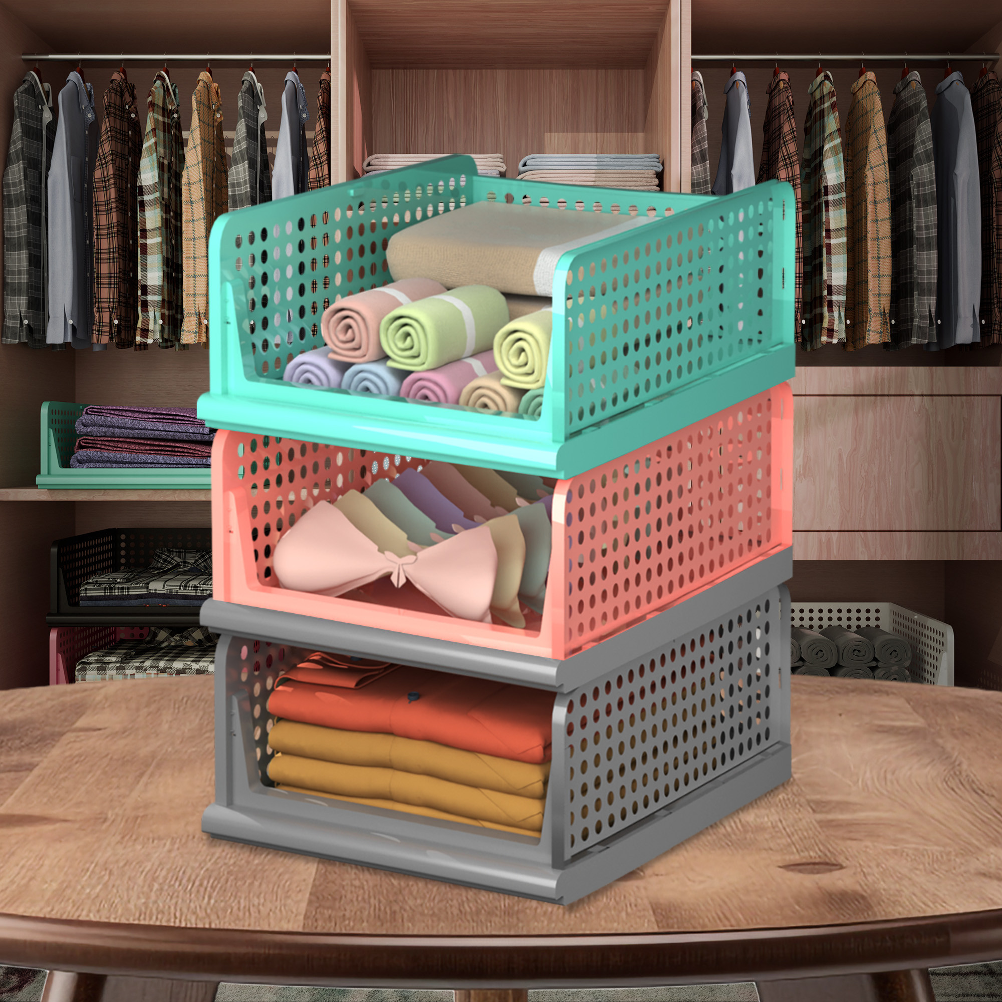 Kuber Industries Pack of 3 Storage Organizer | Wardrobe Organizer | Cloth Organizer | Foldable Shirt Stacker Box for Almirah | Closet Storage Basket | Large | Gray & Light Pink & Pista Green