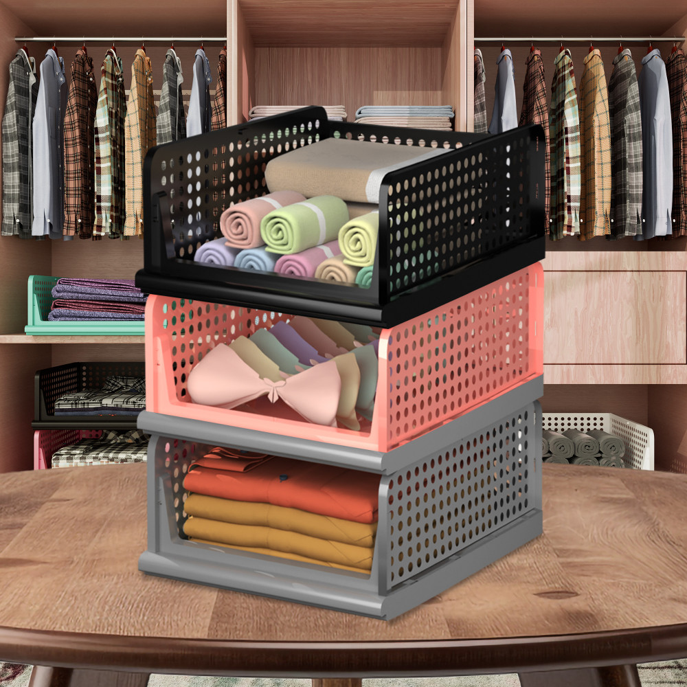 Kuber Industries Pack of 3 Storage Organizer | Wardrobe Organizer | Cloth Organizer | Foldable Shirt Stacker Box for Almirah | Closet Storage Basket | Large | Gray &amp; Light Pink &amp; Black