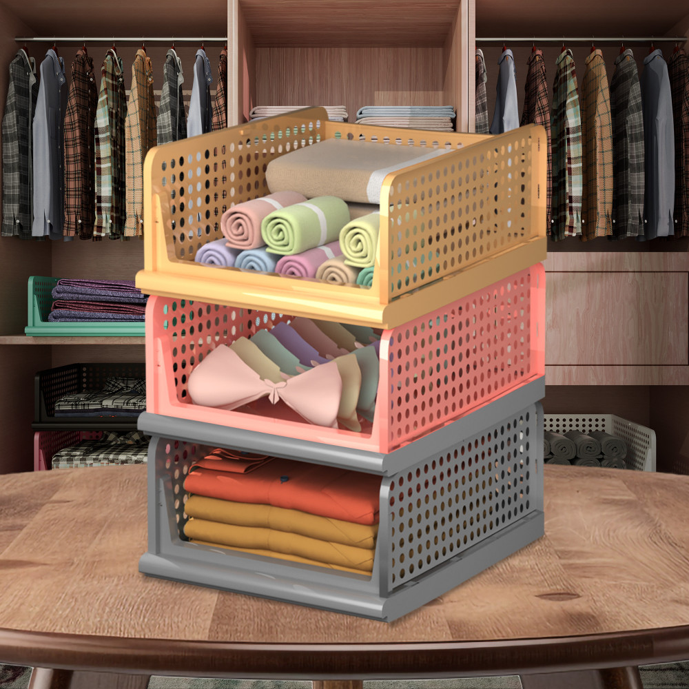 Kuber Industries Pack of 3 Storage Organizer | Wardrobe Organizer | Cloth Organizer | Foldable Shirt Stacker Box for Almirah | Closet Storage Basket | Large | Gray &amp; Light Pink &amp; Ivory