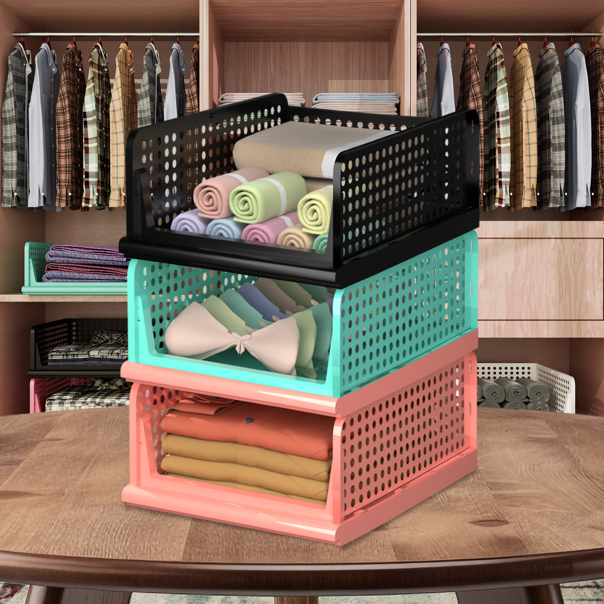 Kuber Industries Pack of 3 Storage Organizer | Wardrobe Organizer | Cloth Organizer | Foldable Shirt Stacker Box for Almirah | Closet Storage Basket | Large | Light Pink & Pista Green & Black