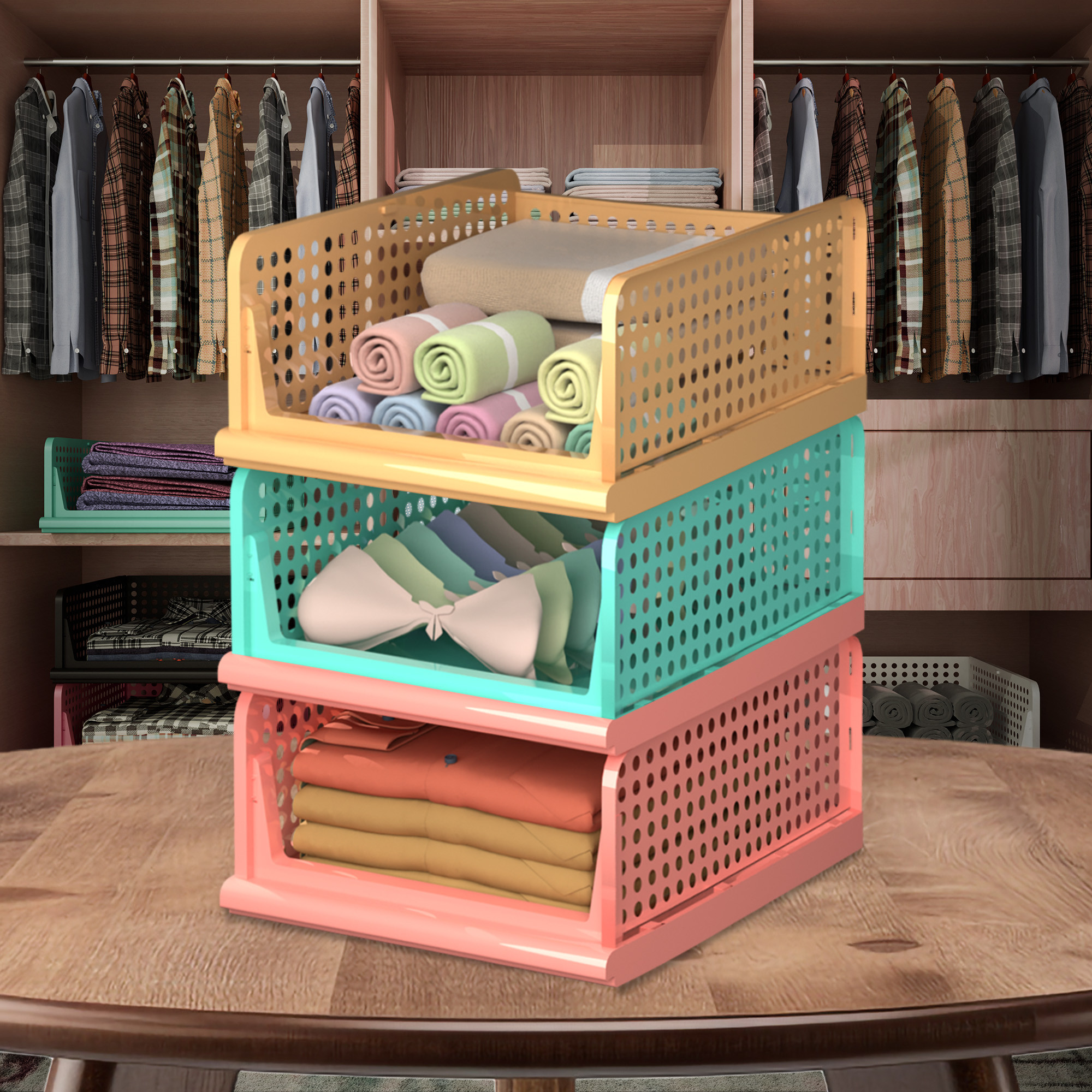 Kuber Industries Pack of 3 Storage Organizer | Wardrobe Organizer | Cloth Organizer | Foldable Shirt Stacker Box for Almirah | Closet Storage Basket | Large | Light Pink & Pista Green & Ivory