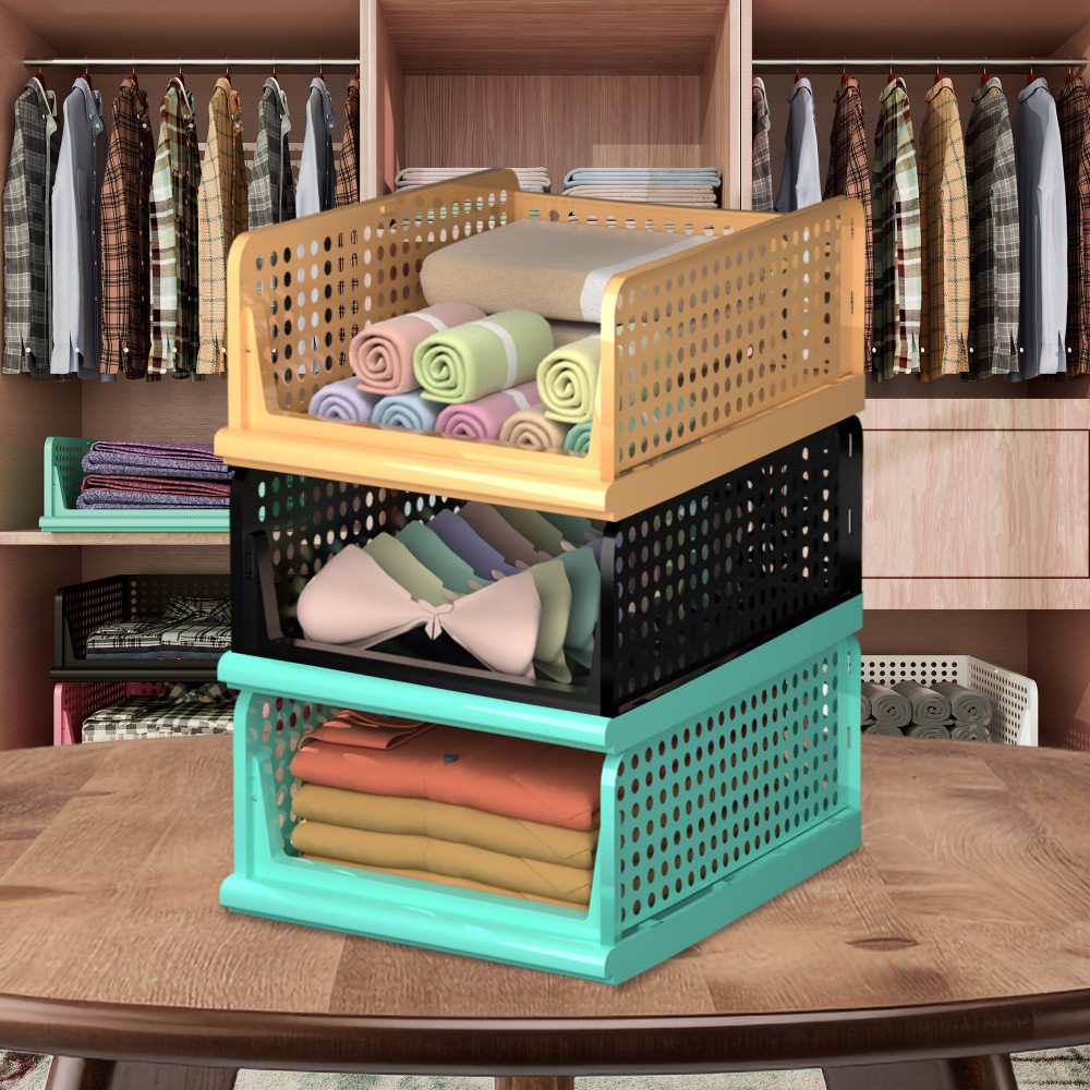 Kuber Industries Pack of 3 Storage Organizer | Wardrobe Organizer | Cloth Organizer | Foldable Shirt Stacker Box for Almirah | Closet Storage Basket | Large | Pista Green &amp; Black &amp; Ivory