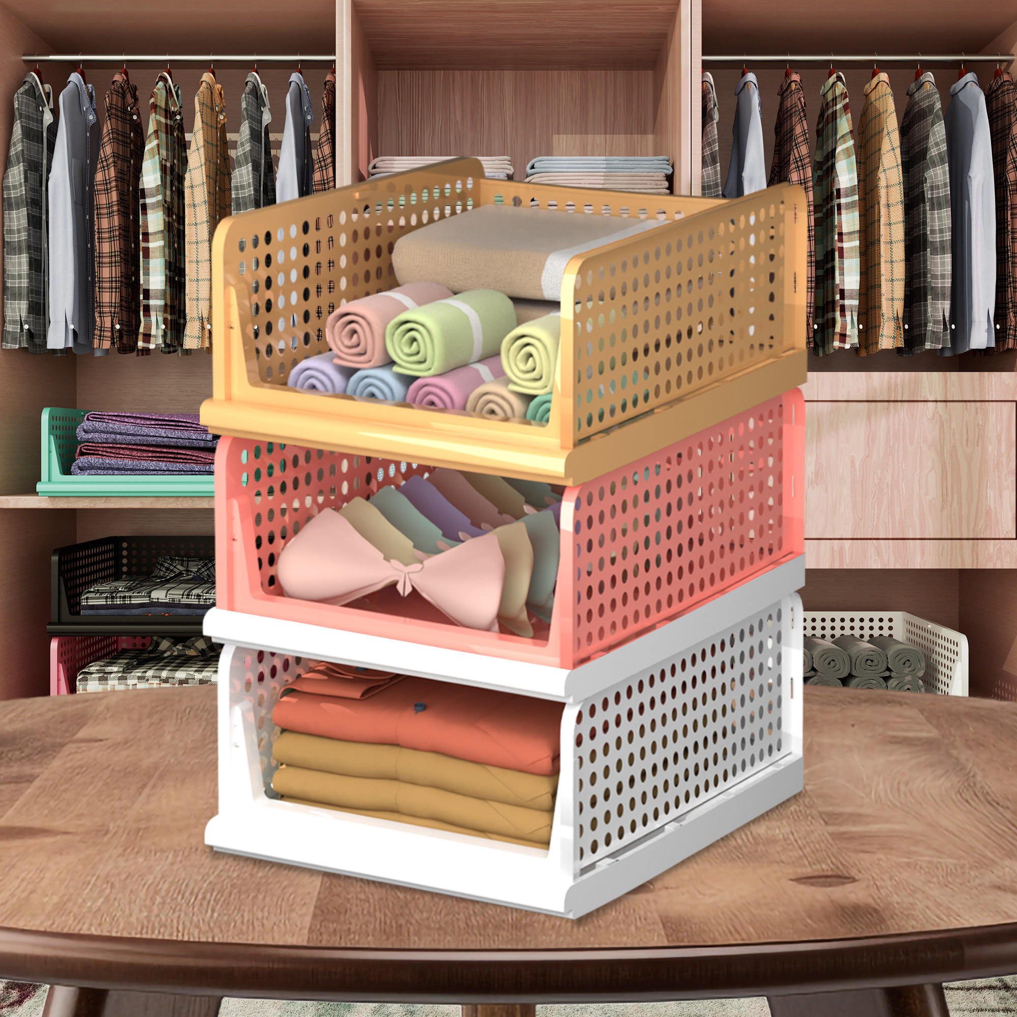 Kuber Industries Pack of 3 Storage Organizer | Wardrobe Organizer | Cloth Organizer | Foldable Shirt Stacker Box for Almirah | Closet Storage Basket | Large | White & Light Pink & Ivory