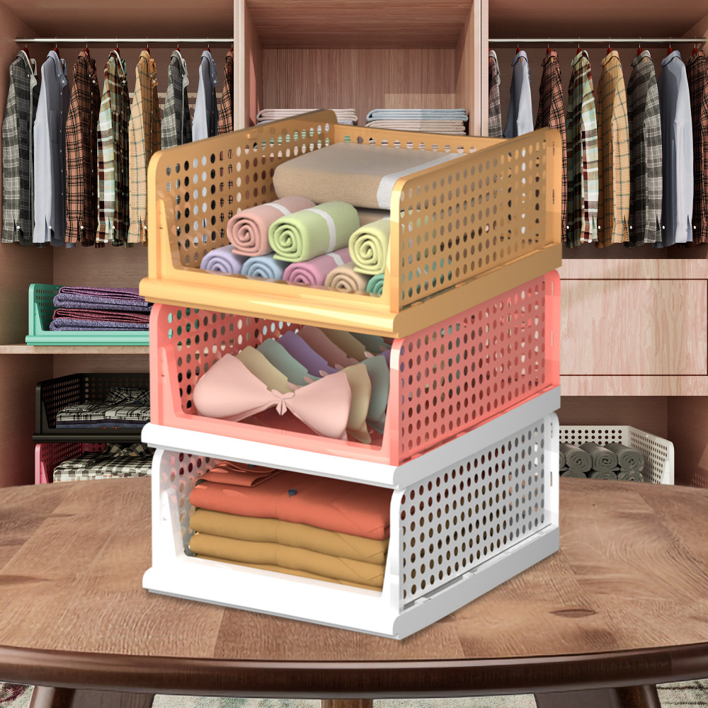 Kuber Industries Pack of 3 Storage Organizer | Wardrobe Organizer | Cloth Organizer | Foldable Shirt Stacker Box for Almirah | Closet Storage Basket | Large | White &amp; Light Pink &amp; Ivory