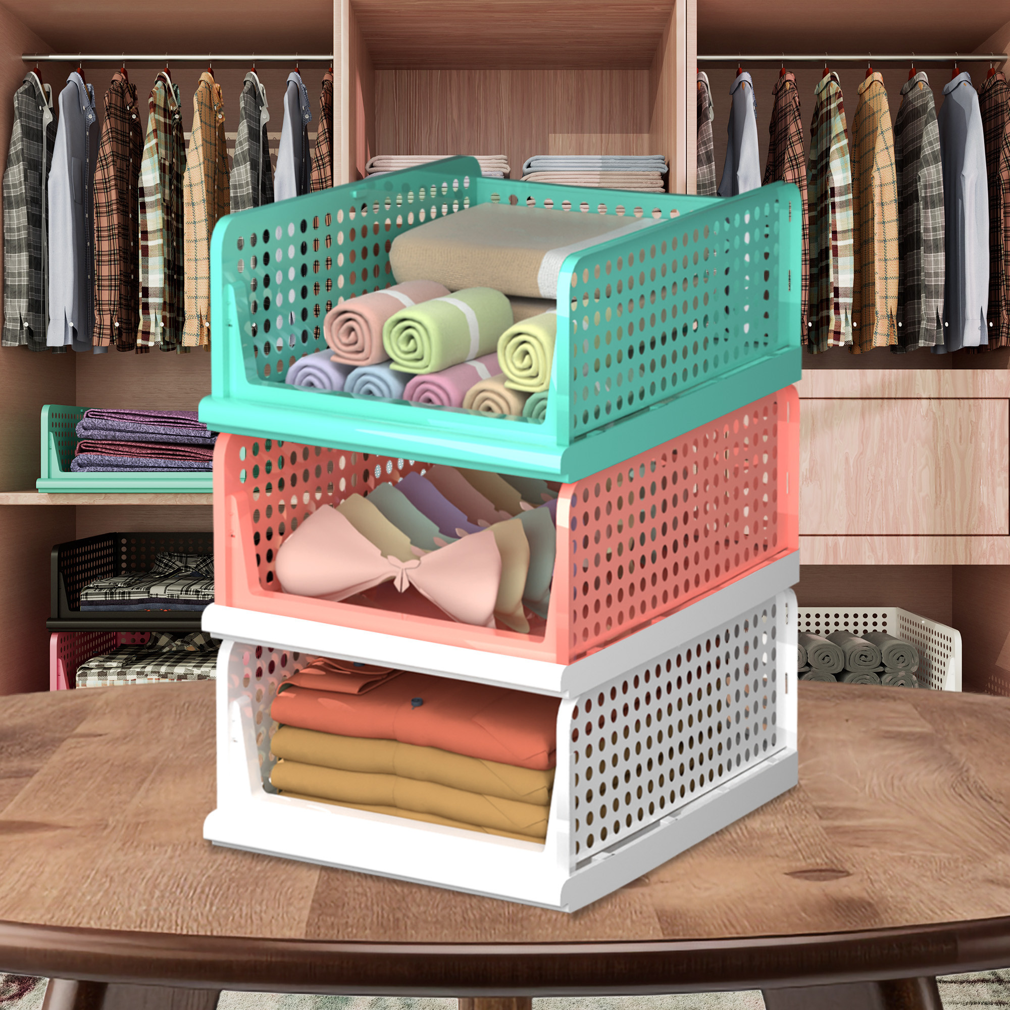 Kuber Industries Pack of 3 Storage Organizer | Wardrobe Organizer | Cloth Organizer | Foldable Shirt Stacker Box for Almirah | Closet Storage Basket | Large | White & Light Pink & Pista Green