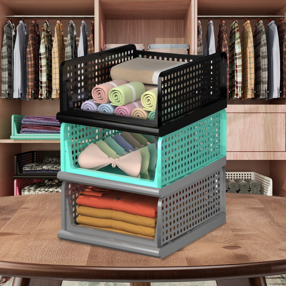 Kuber Industries Pack of 3 Storage Organizer | Wardrobe Organizer | Cloth Organizer | Foldable Shirt Stacker Box for Almirah | Closet Storage Basket | Large | Gray &amp; Pista Green &amp; Black