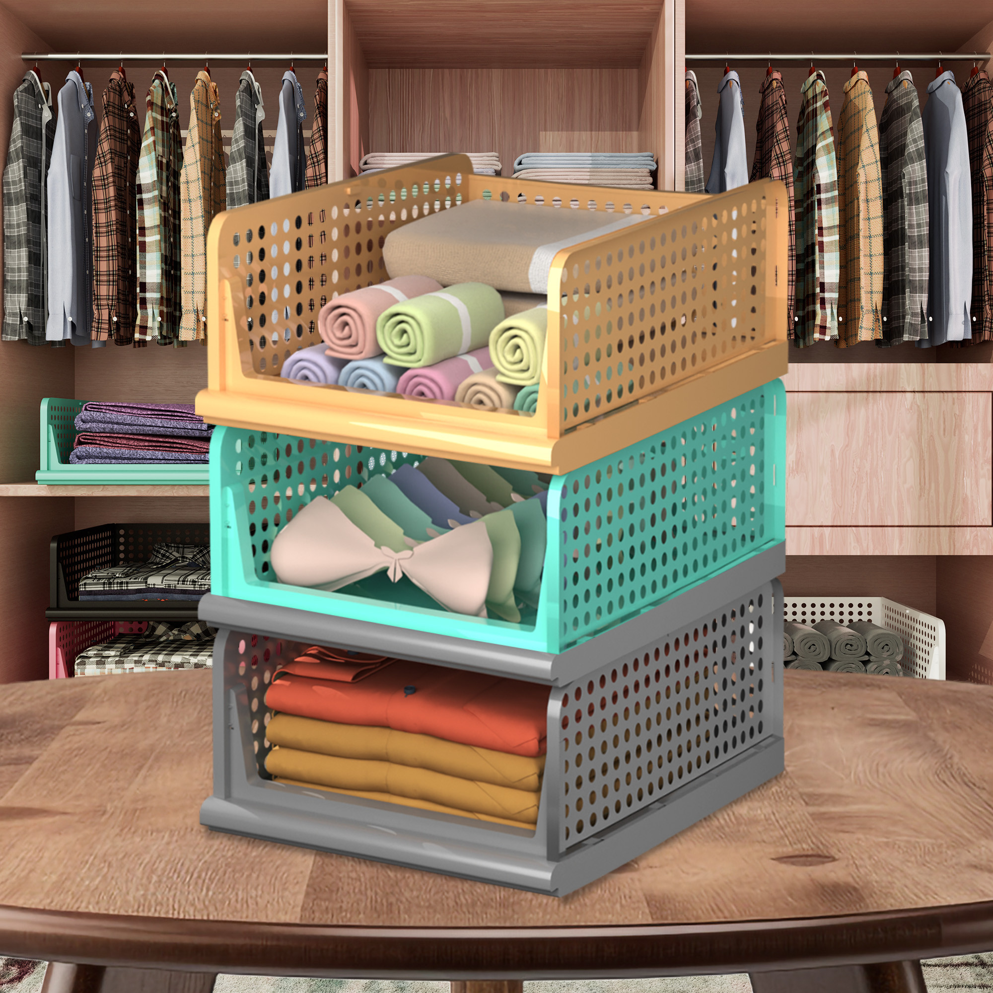Kuber Industries Pack of 3 Storage Organizer | Wardrobe Organizer | Cloth Organizer | Foldable Shirt Stacker Box for Almirah | Closet Storage Basket | Large | Gray & Pista Green & Ivory