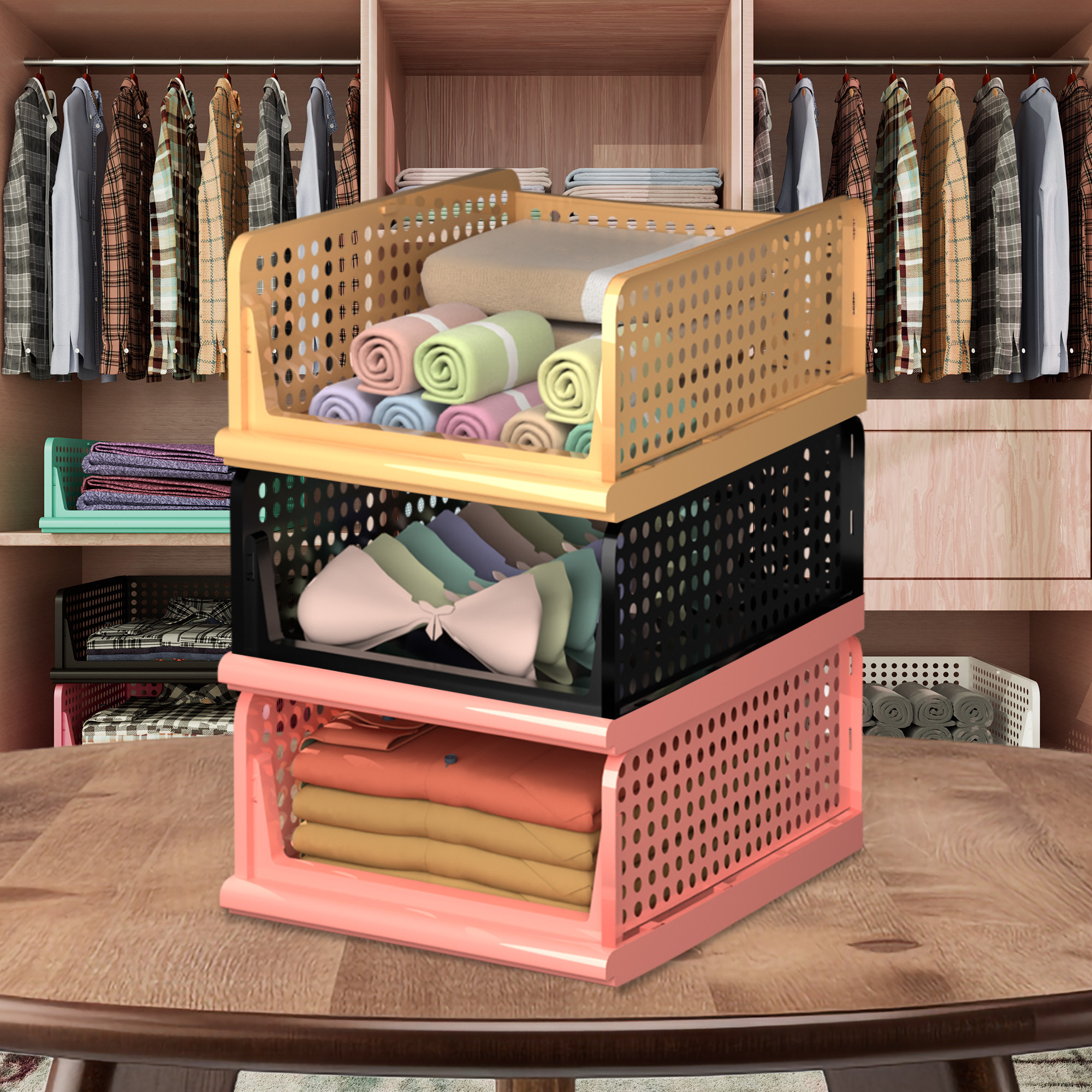 Kuber Industries Pack of 3 Storage Organizer | Wardrobe Organizer | Cloth Organizer | Foldable Shirt Stacker Box for Almirah | Closet Storage Basket | Large | Light Pink & Black & Ivory